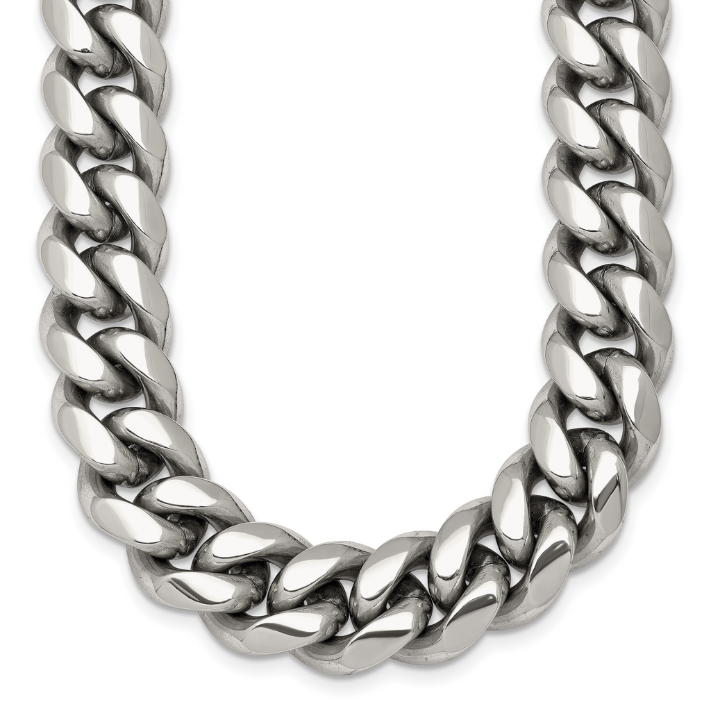Polished Cubic Zirconia Stainless Steel Curb Chain Necklace 12mm 24in