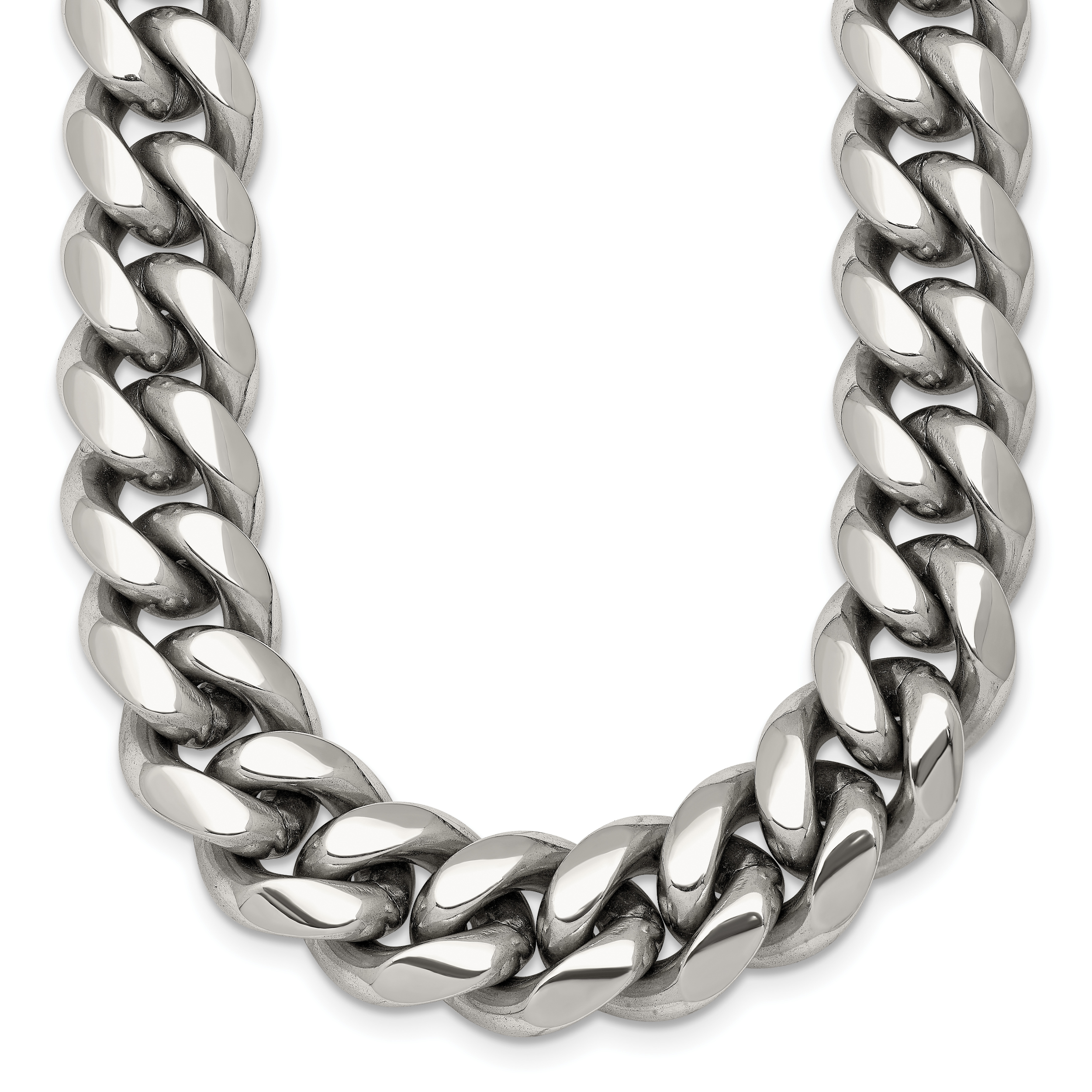 Polished Cubic Zirconia Stainless Steel Curb Chain Necklace 12mm 24in