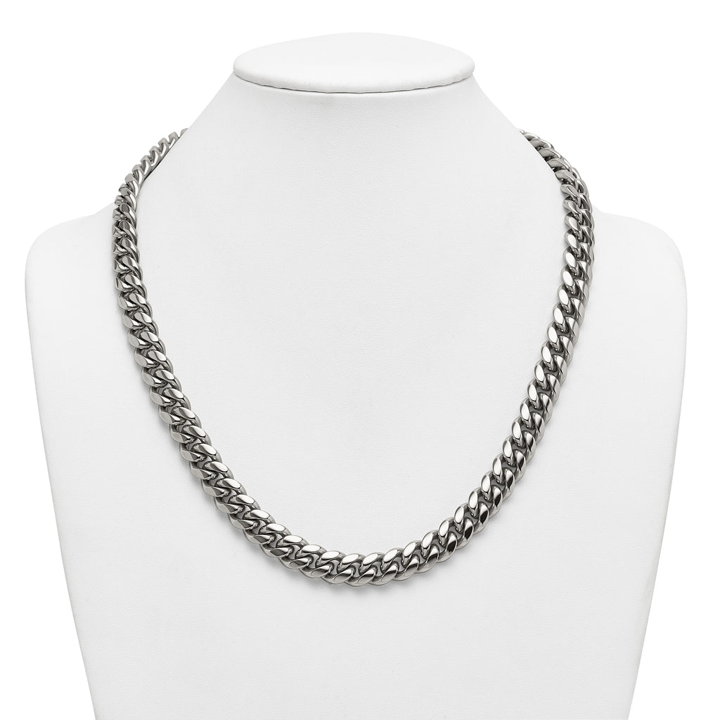 Polished Cubic Zirconia Cross Stainless Steel Curb Chain Necklace 12mm