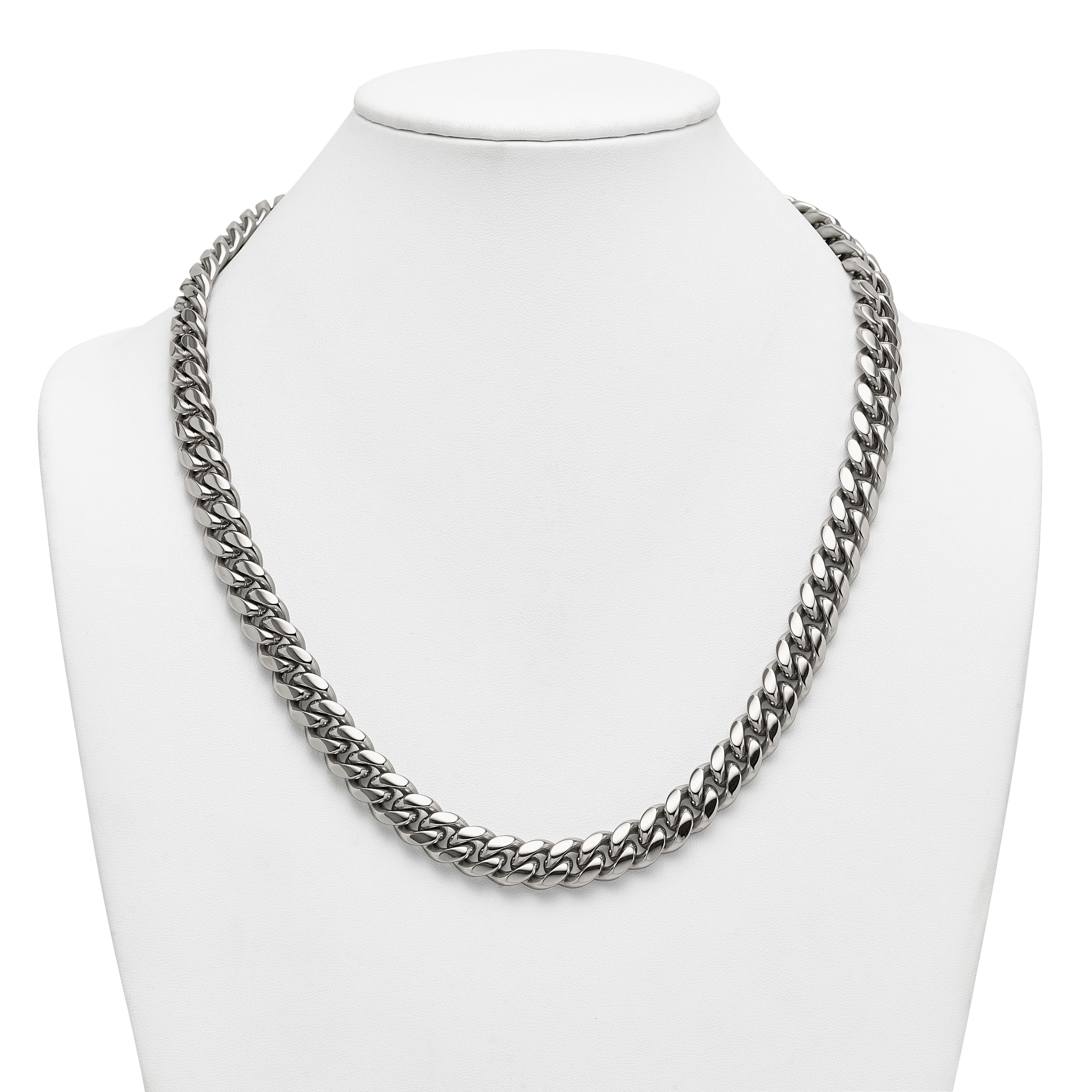 Polished Cubic Zirconia Cross Stainless Steel Curb Chain Necklace 12mm