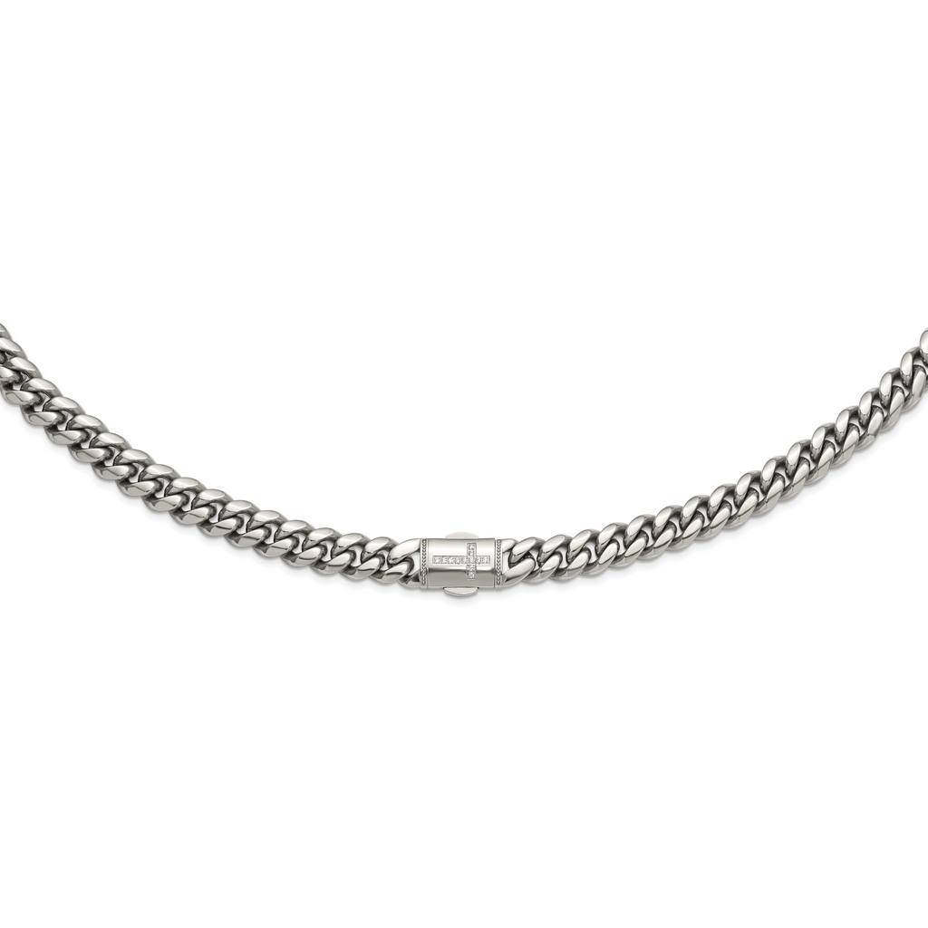 Polished Cubic Zirconia Cross Stainless Steel Curb Chain Necklace 12mm