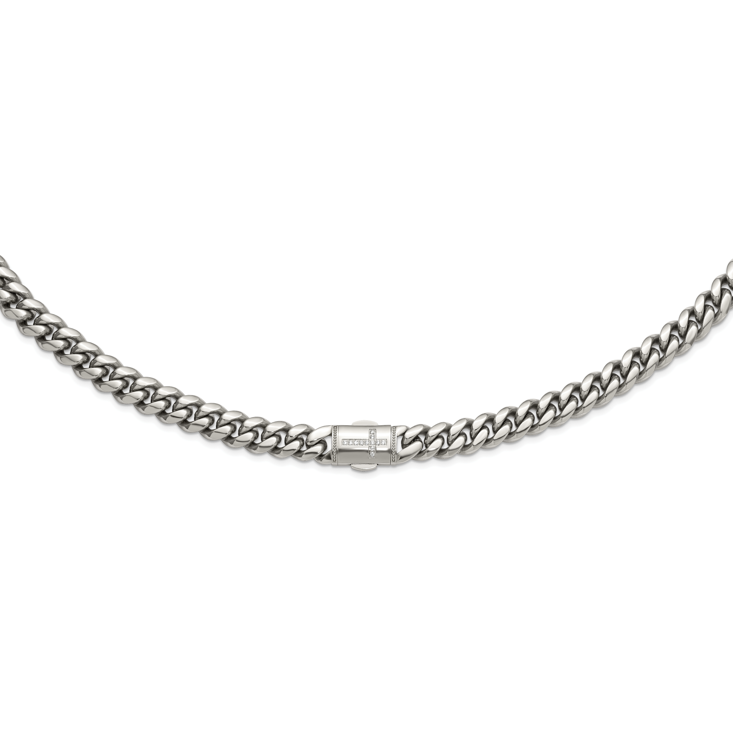 Polished Cubic Zirconia Cross Stainless Steel Curb Chain Necklace 12mm