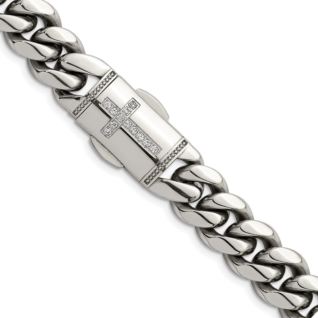 Polished Cubic Zirconia Cross Stainless Steel Curb Chain Necklace 12mm