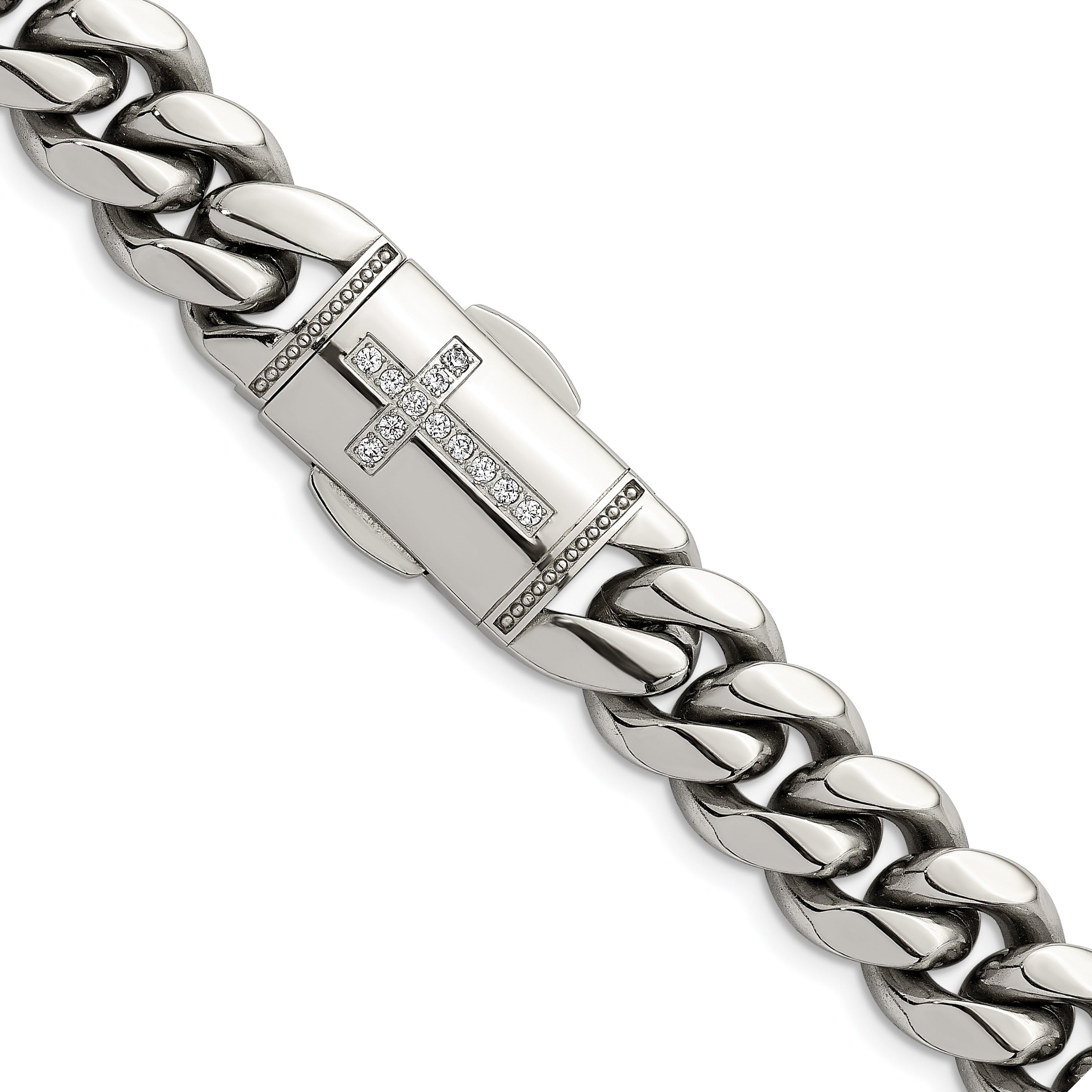 Polished Cubic Zirconia Cross Stainless Steel Curb Chain Necklace 12mm