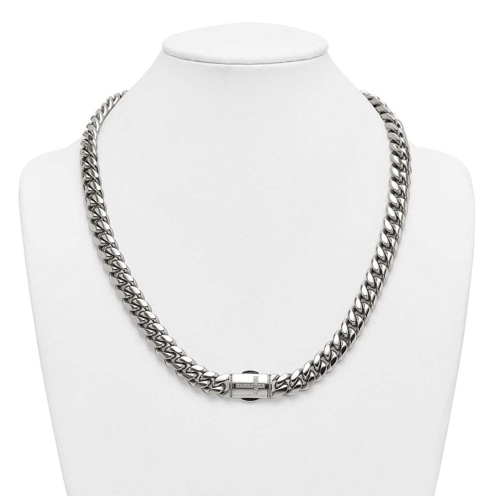 Polished Cubic Zirconia Cross Stainless Steel Curb Chain Necklace 12mm