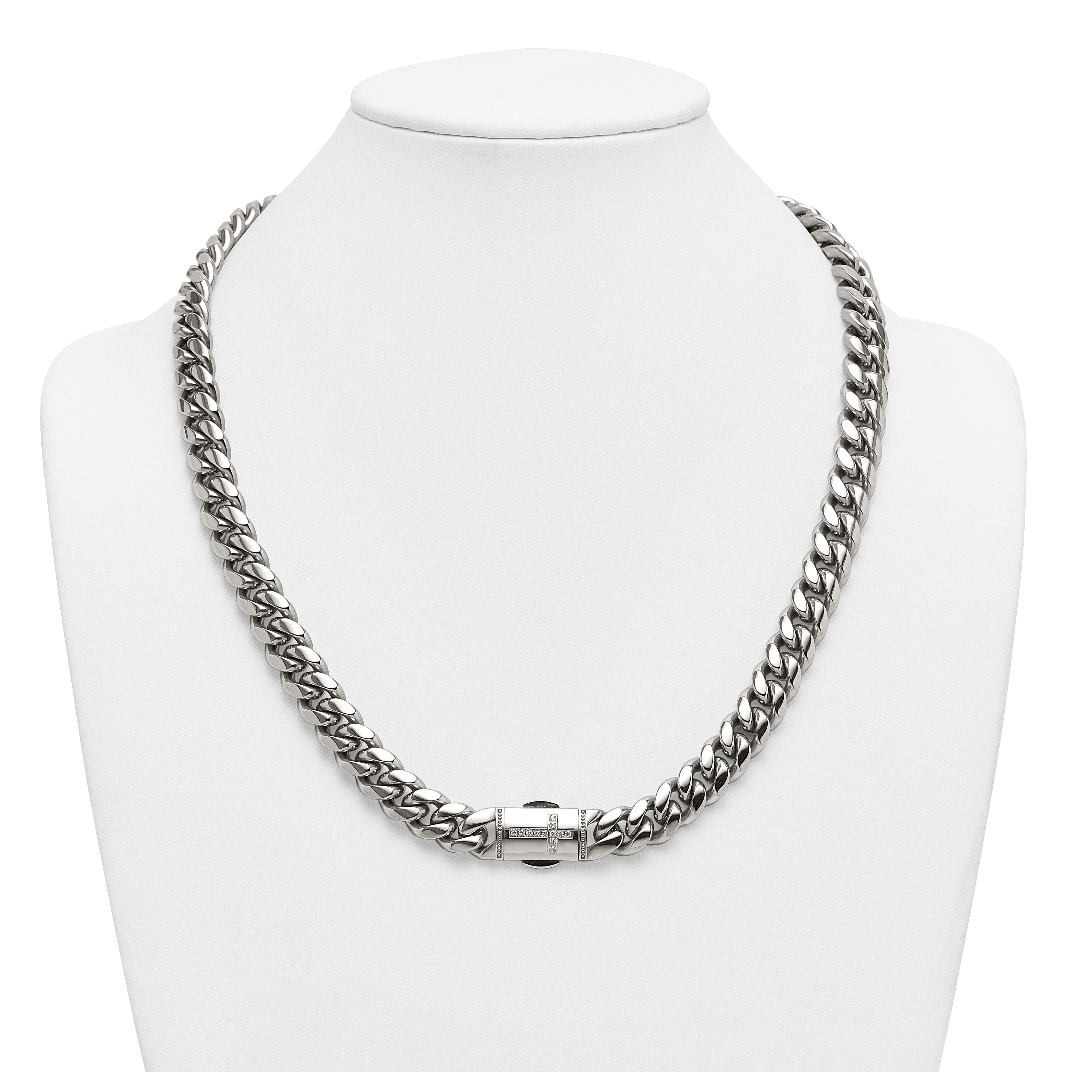 Polished Cubic Zirconia Cross Stainless Steel Curb Chain Necklace 12mm