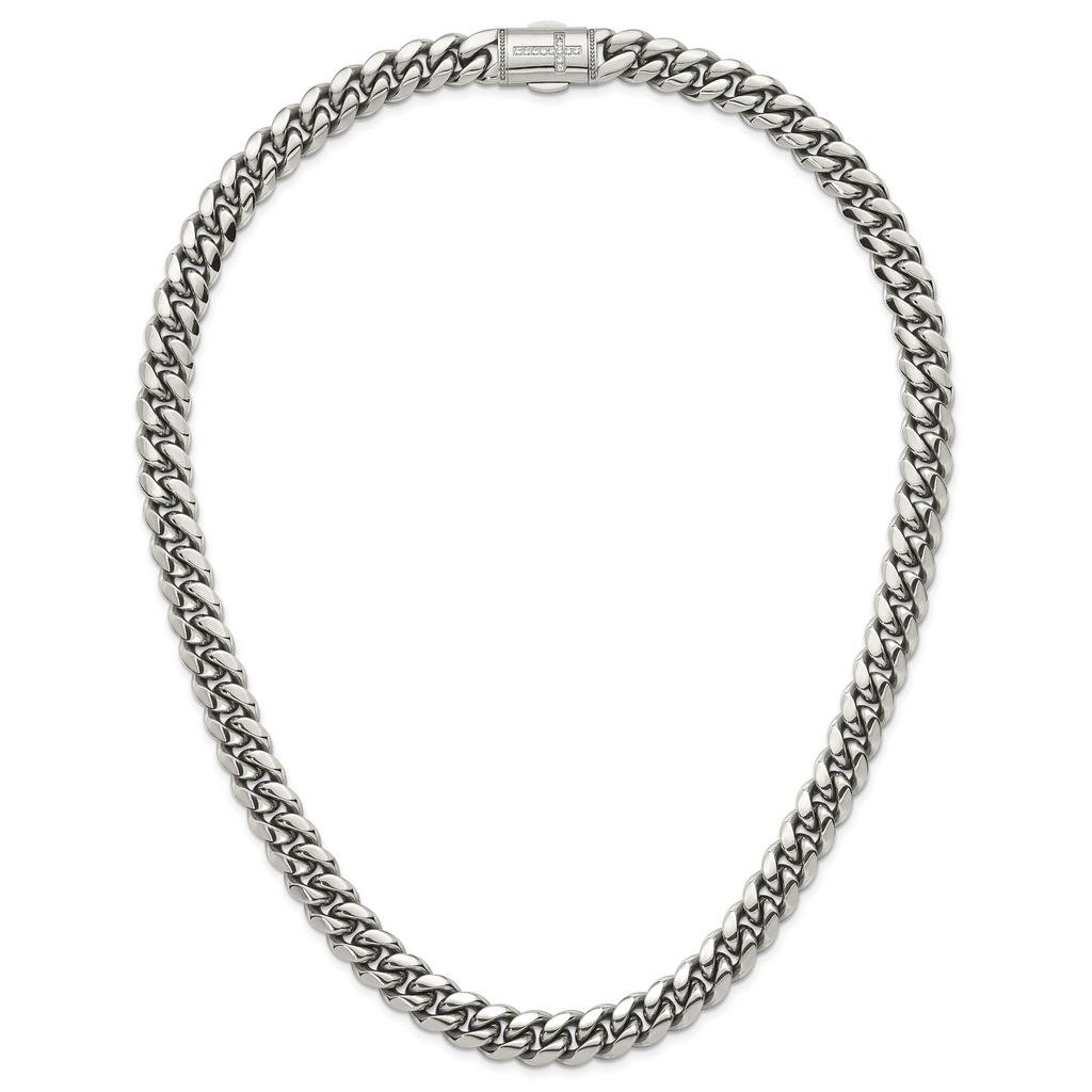 Polished Cubic Zirconia Cross Stainless Steel Curb Chain Necklace 12mm