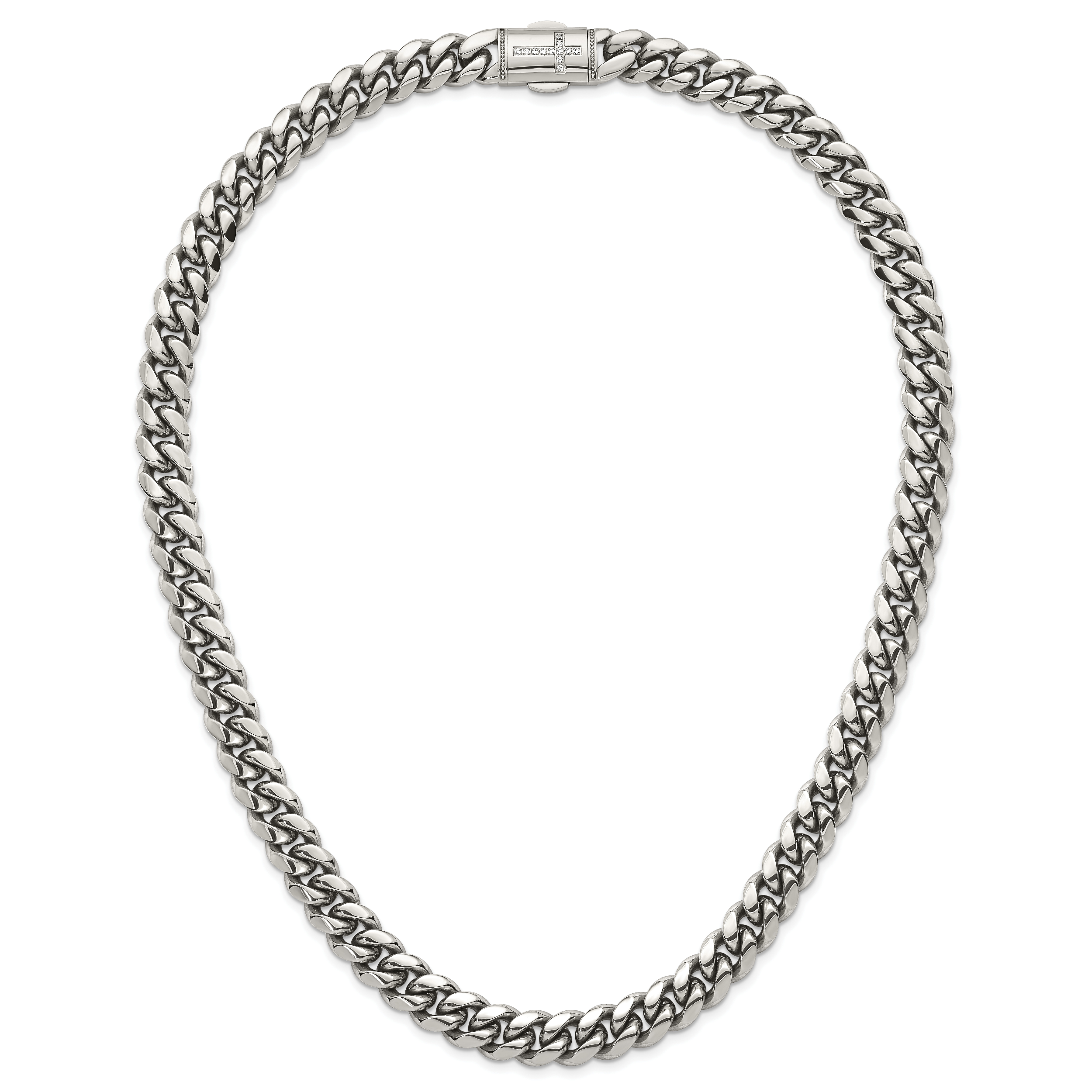 Polished Cubic Zirconia Cross Stainless Steel Curb Chain Necklace 12mm