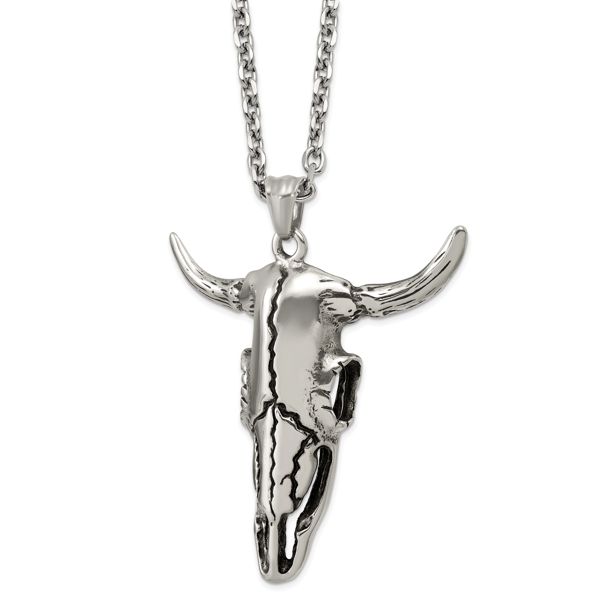 Antiqued Skull Stainless Steel Rolo Chain Necklace 3.2mm