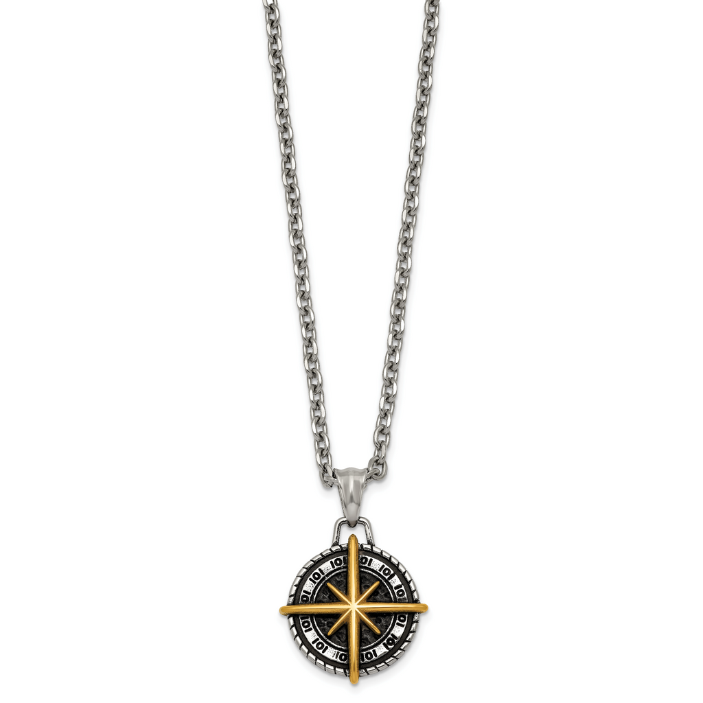 Gold-Tone Antiqued Compass Stainless Steel Cable Chain Necklace 3.6mm