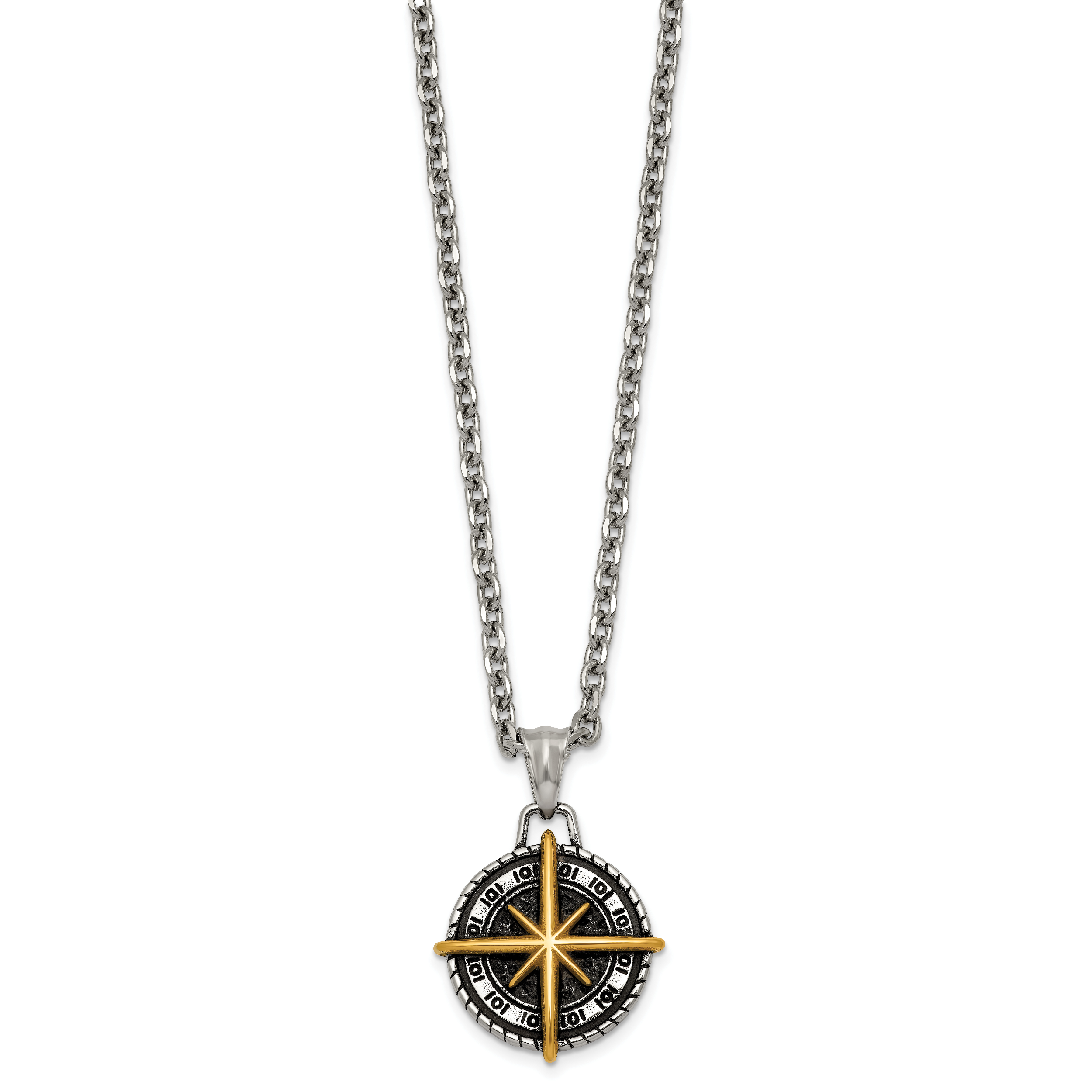 Gold-Tone Antiqued Compass Stainless Steel Cable Chain Necklace 3.6mm