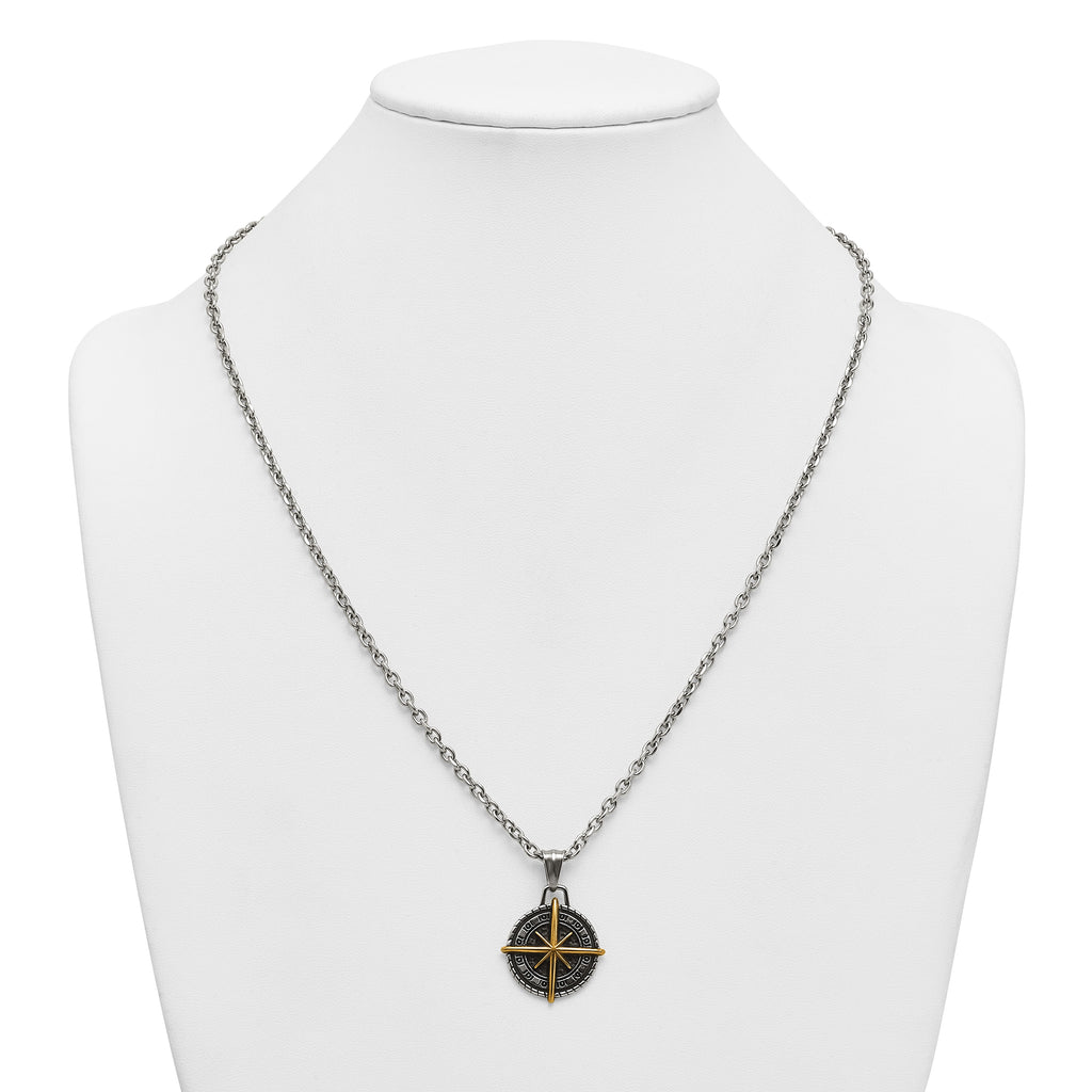 Gold-Tone Antiqued Compass Stainless Steel Cable Chain Necklace 3.6mm