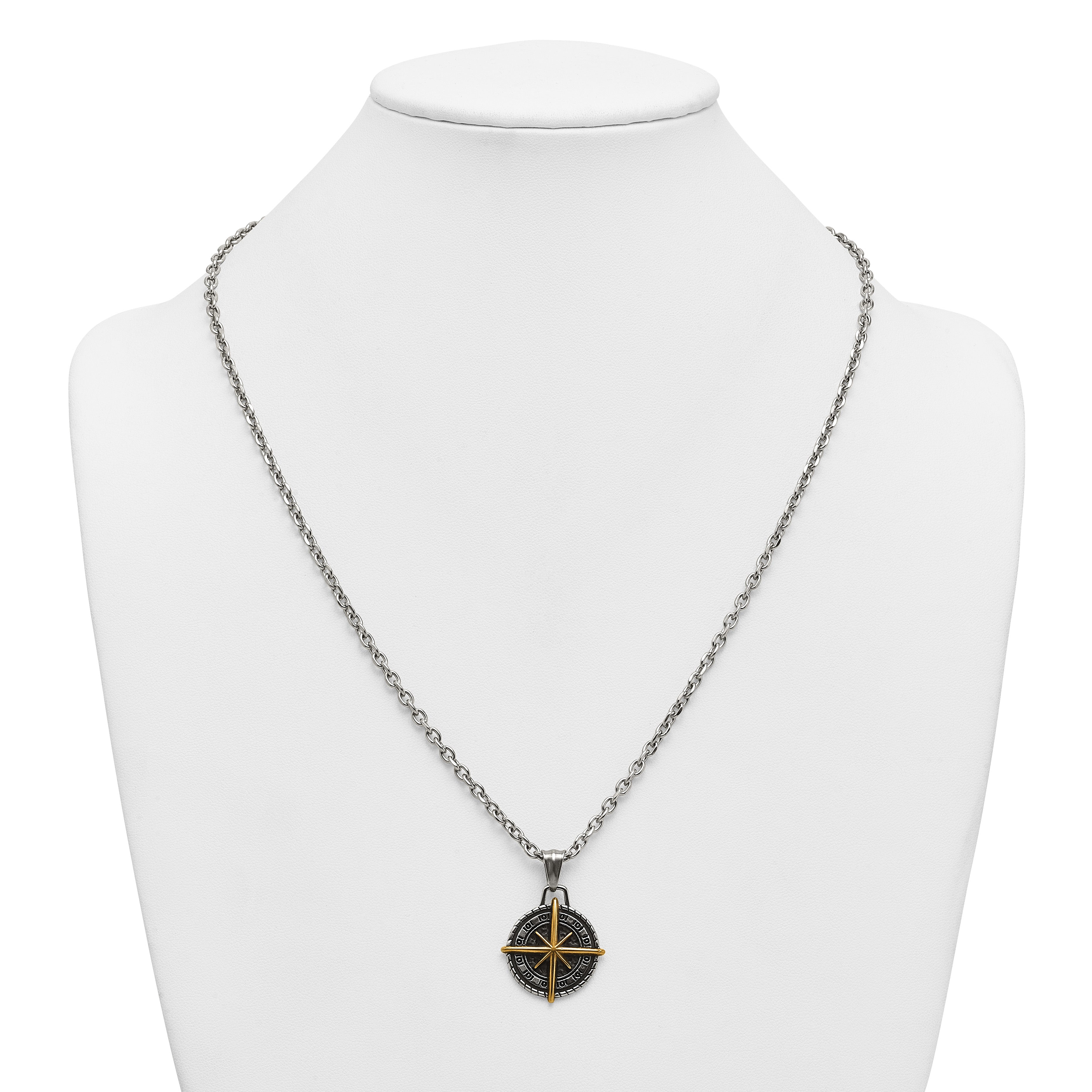 Gold-Tone Antiqued Compass Stainless Steel Cable Chain Necklace 3.6mm