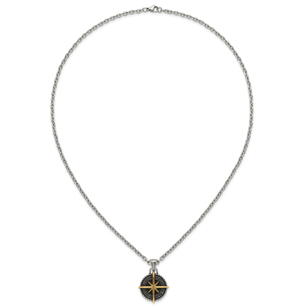 Gold-Tone Antiqued Compass Stainless Steel Cable Chain Necklace 3.6mm