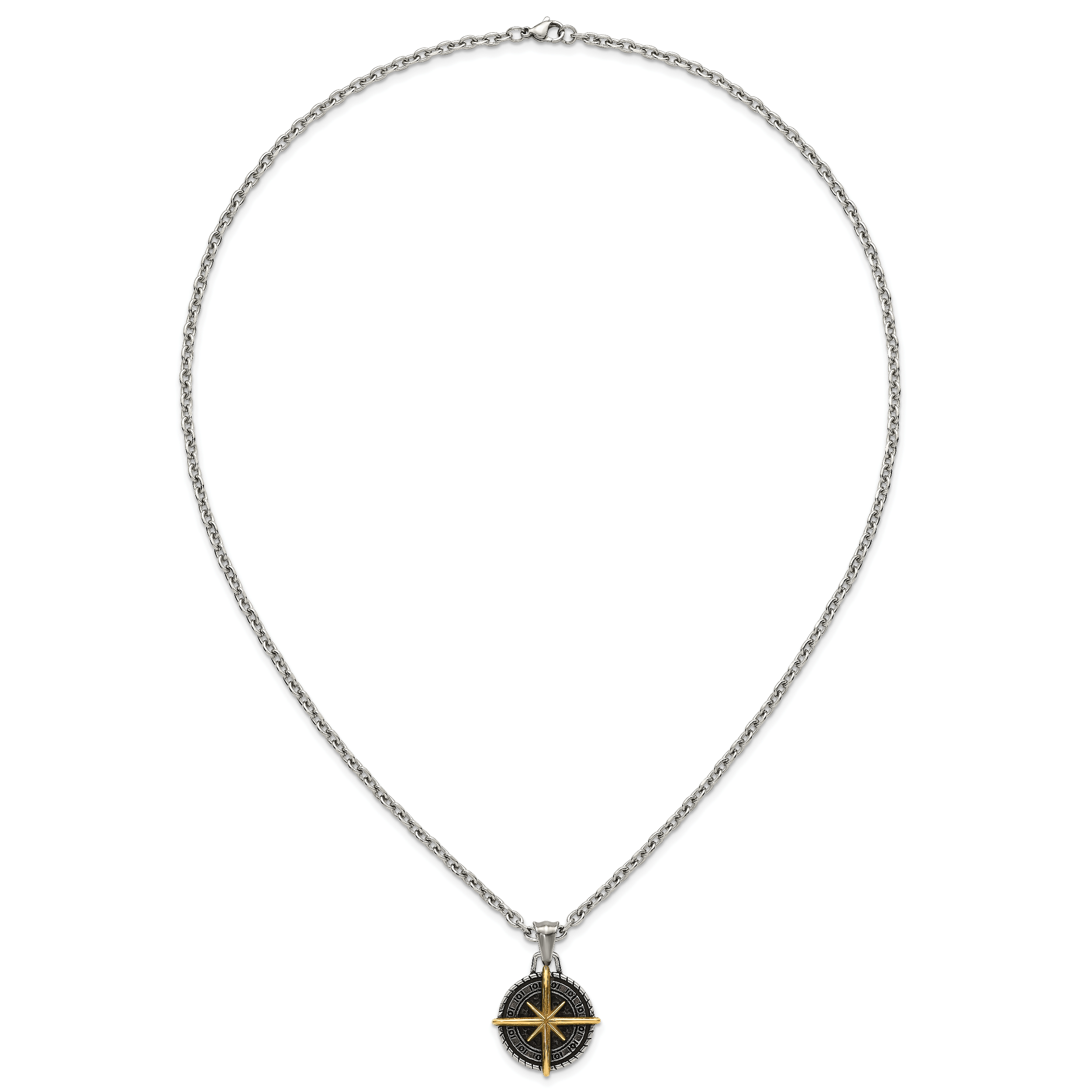 Gold-Tone Antiqued Compass Stainless Steel Cable Chain Necklace 3.6mm