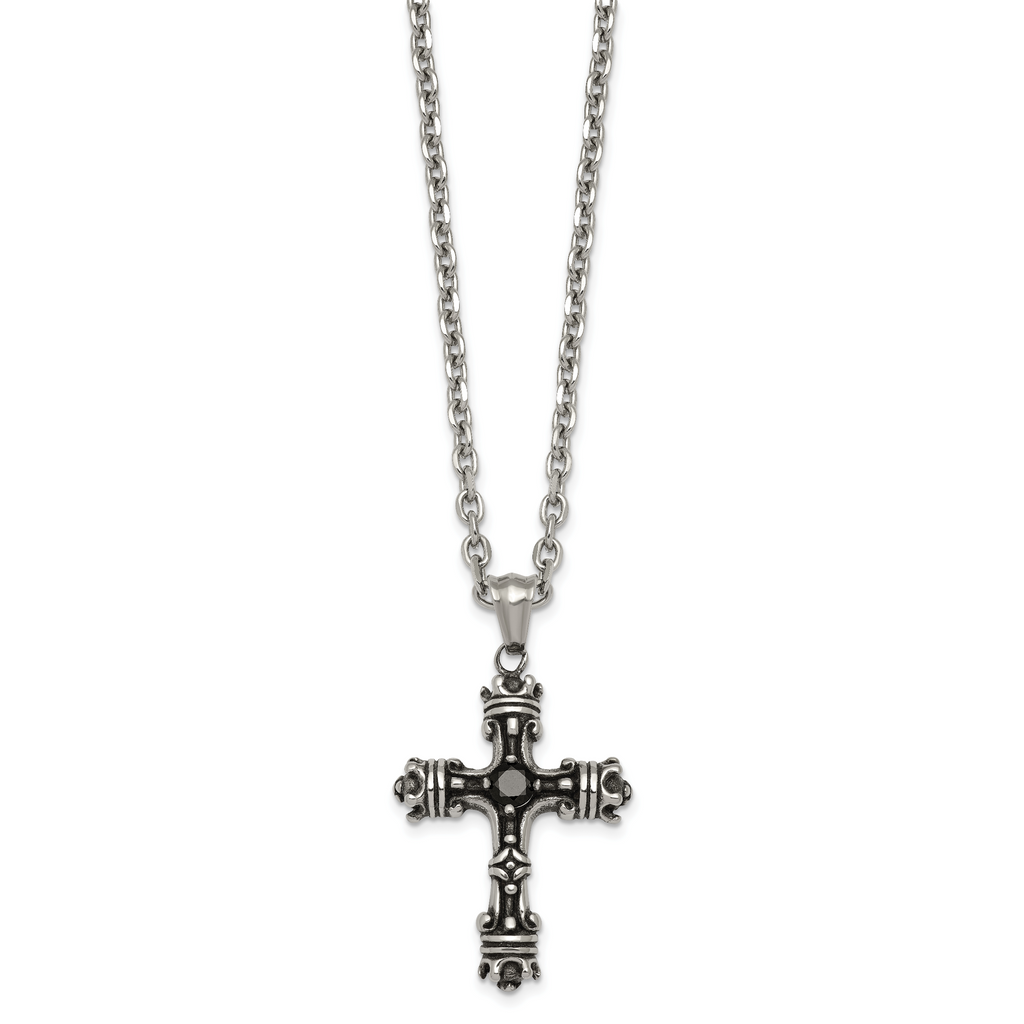 Antiqued Black Cubic Zirconia Cross Stainless Steel Cable Chain Necklace 3.6mm