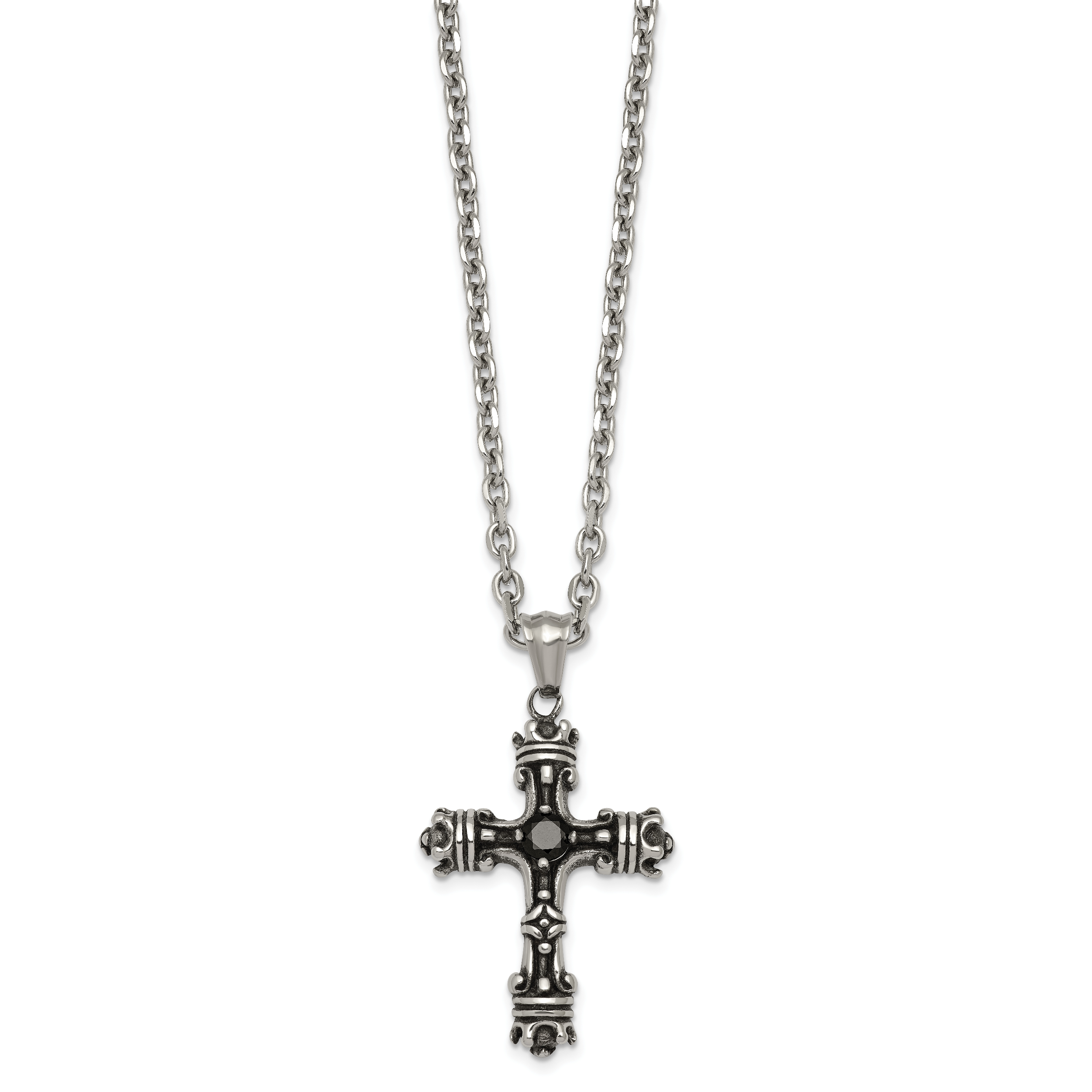 Antiqued Black Cubic Zirconia Cross Stainless Steel Cable Chain Necklace 3.6mm