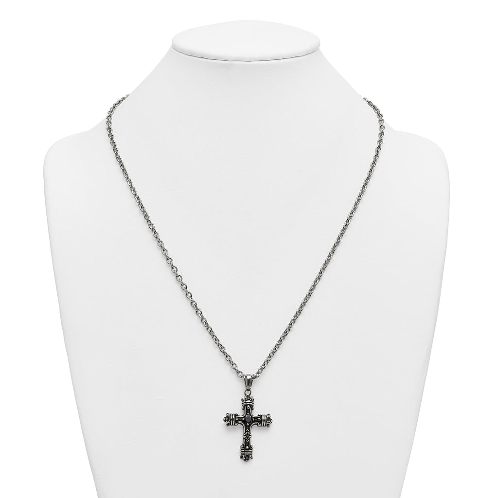 Antiqued Black Cubic Zirconia Cross Stainless Steel Cable Chain Necklace 3.6mm