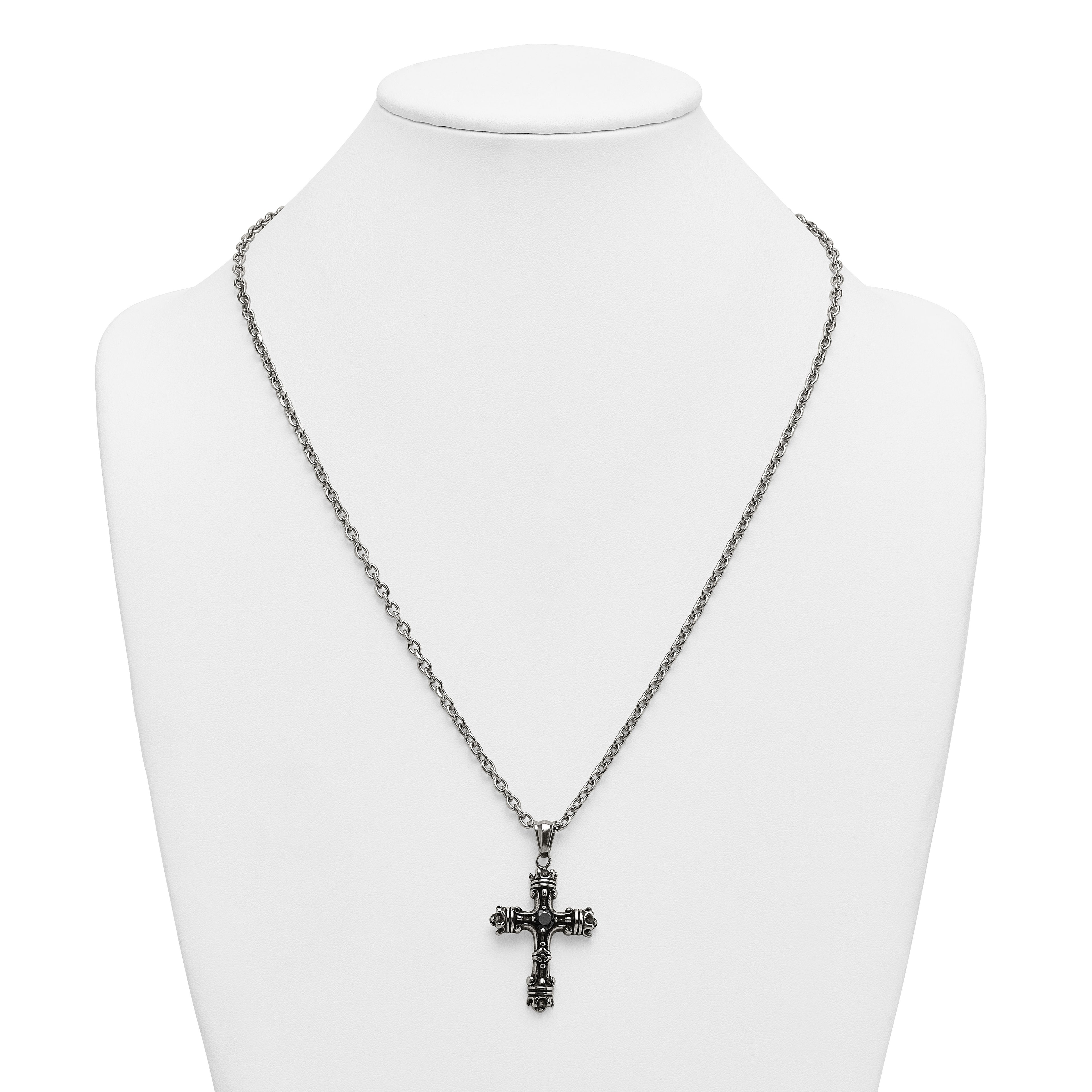 Antiqued Black Cubic Zirconia Cross Stainless Steel Cable Chain Necklace 3.6mm