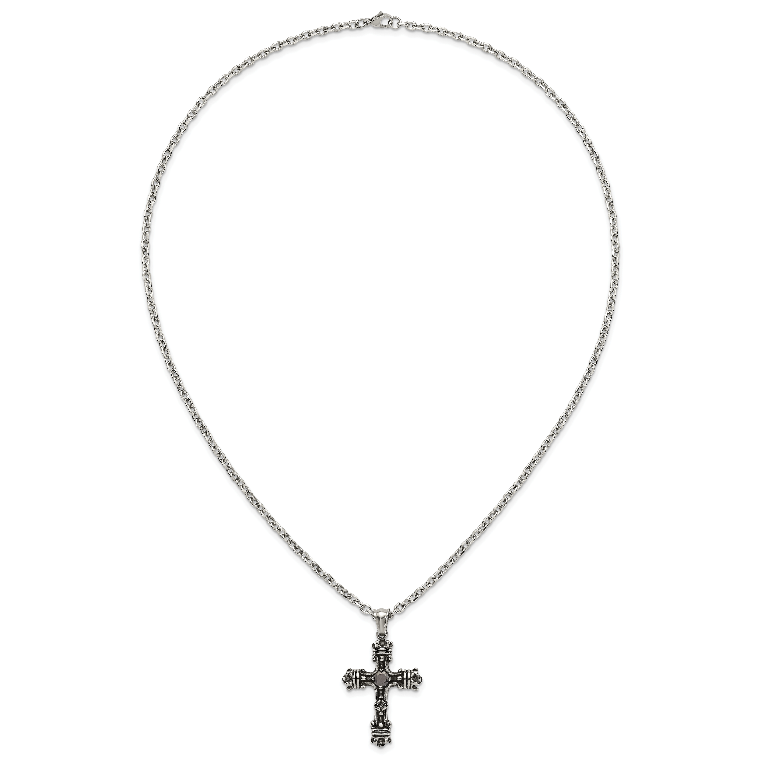 Antiqued Black Cubic Zirconia Cross Stainless Steel Cable Chain Necklace 3.6mm