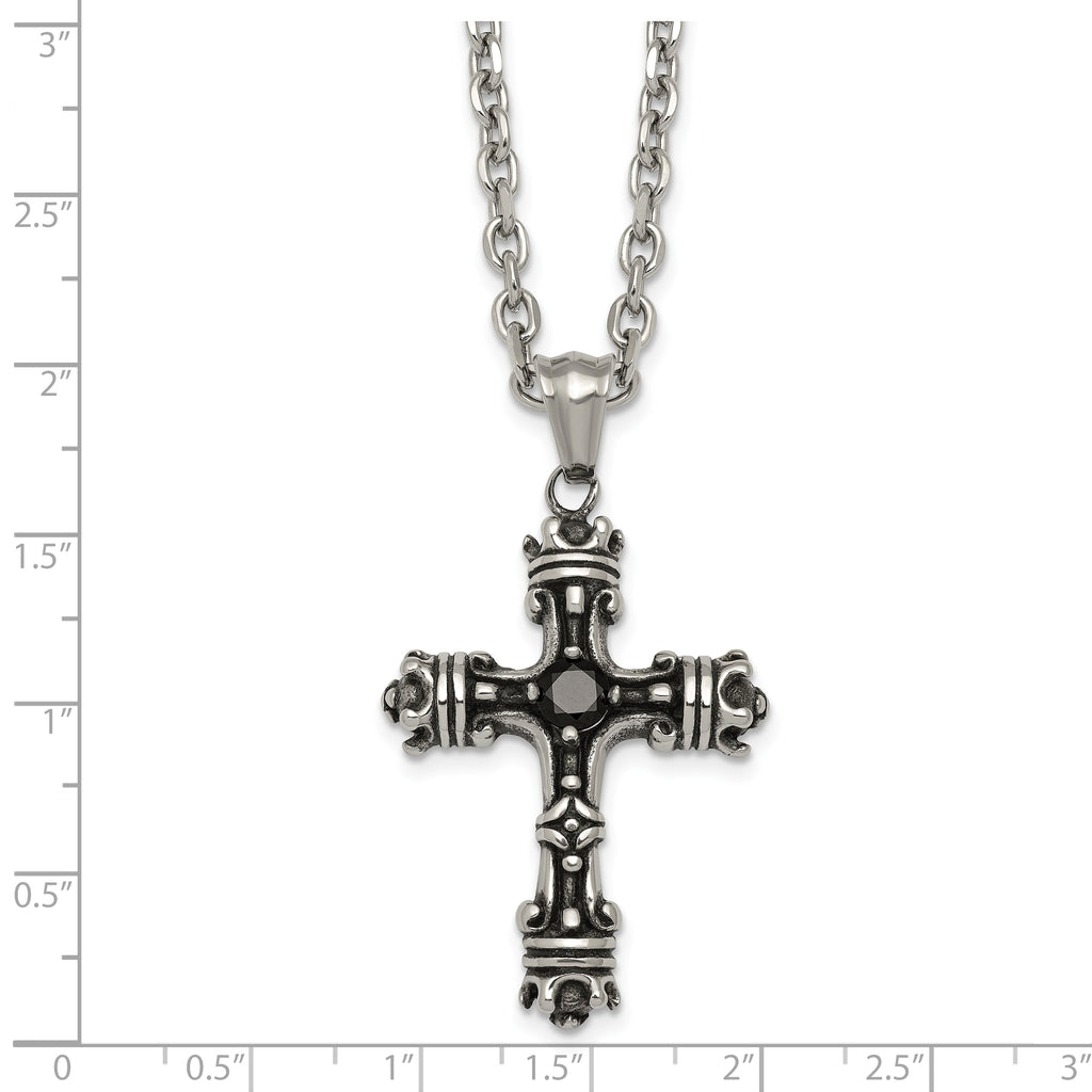 Antiqued Black Cubic Zirconia Cross Stainless Steel Cable Chain Necklace 3.6mm