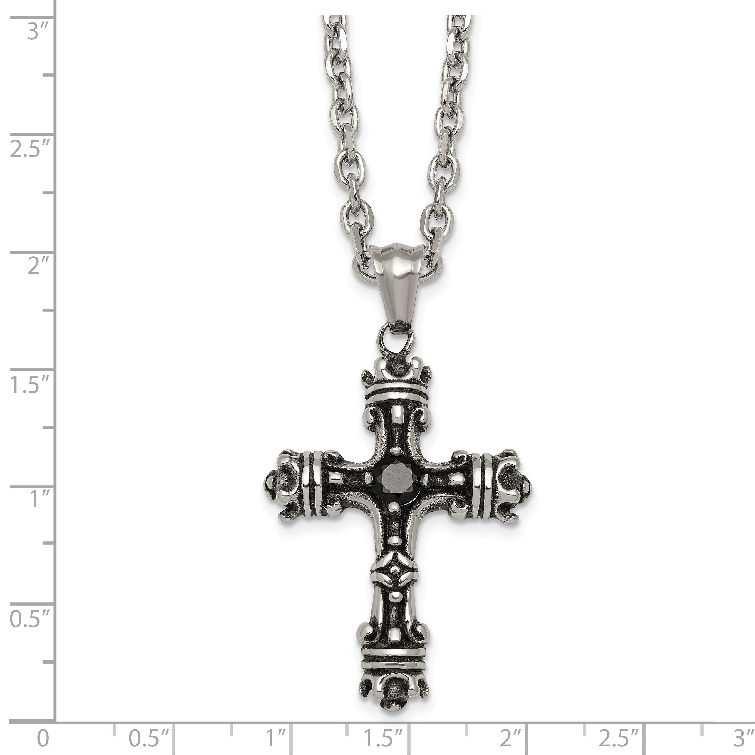 Antiqued Black Cubic Zirconia Cross Stainless Steel Cable Chain Necklace 3.6mm