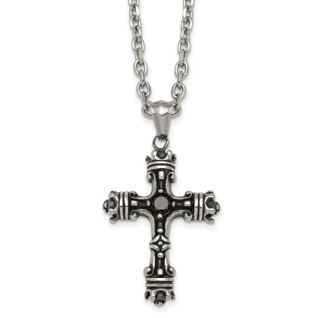 Antiqued Black Cubic Zirconia Cross Stainless Steel Cable Chain Necklace 3.6mm