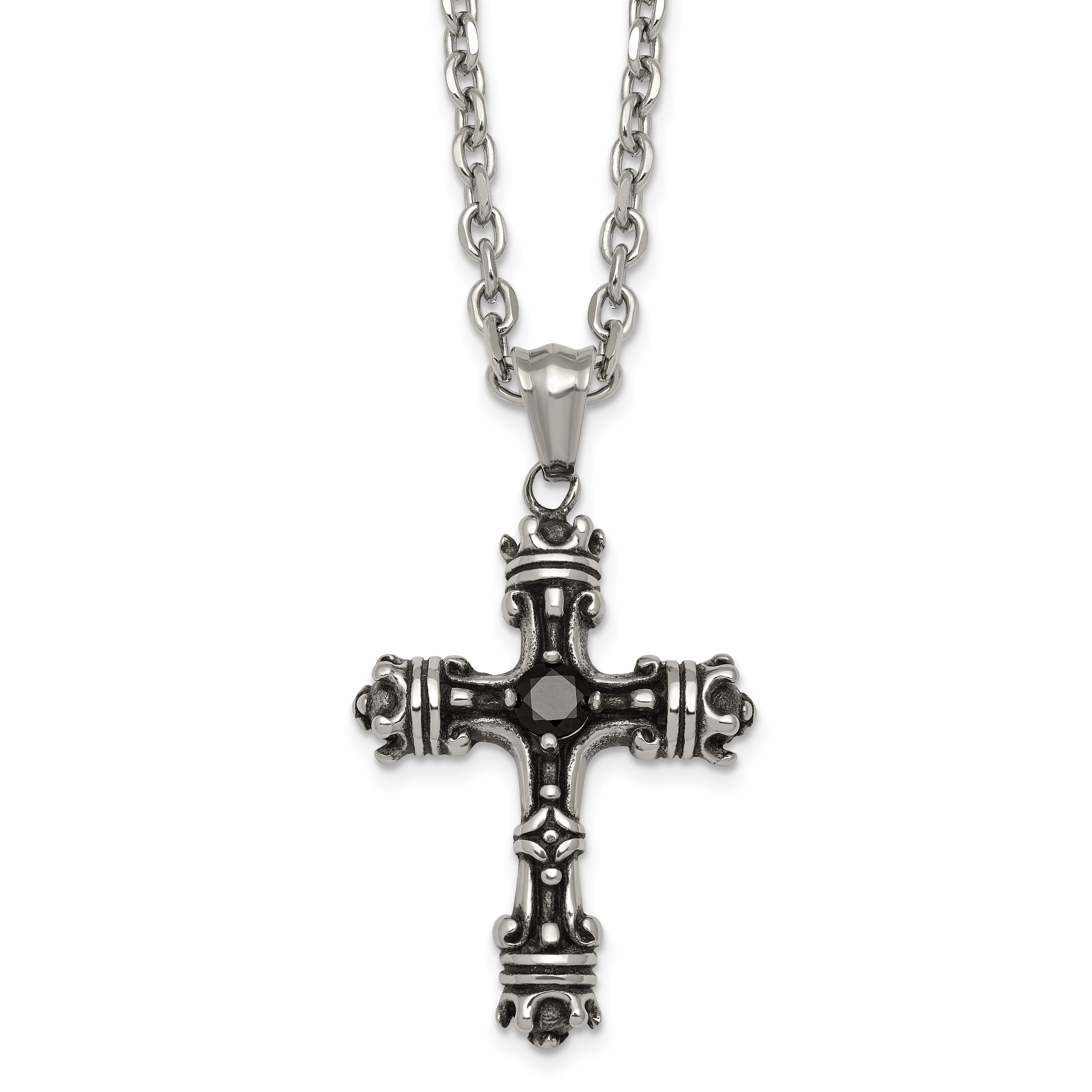 Antiqued Black Cubic Zirconia Cross Stainless Steel Cable Chain Necklace 3.6mm