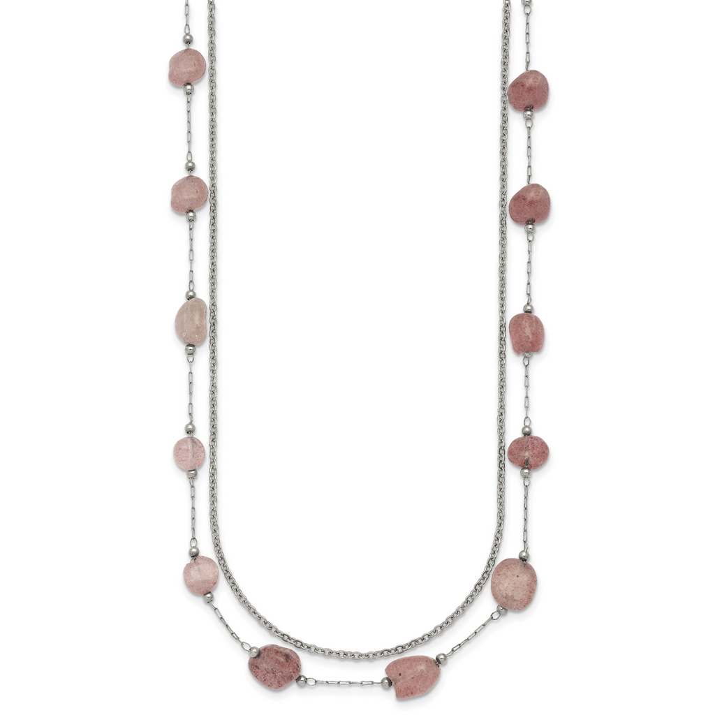 Polished Pink Other Quartz Stainless Steel Cable Chain Necklace