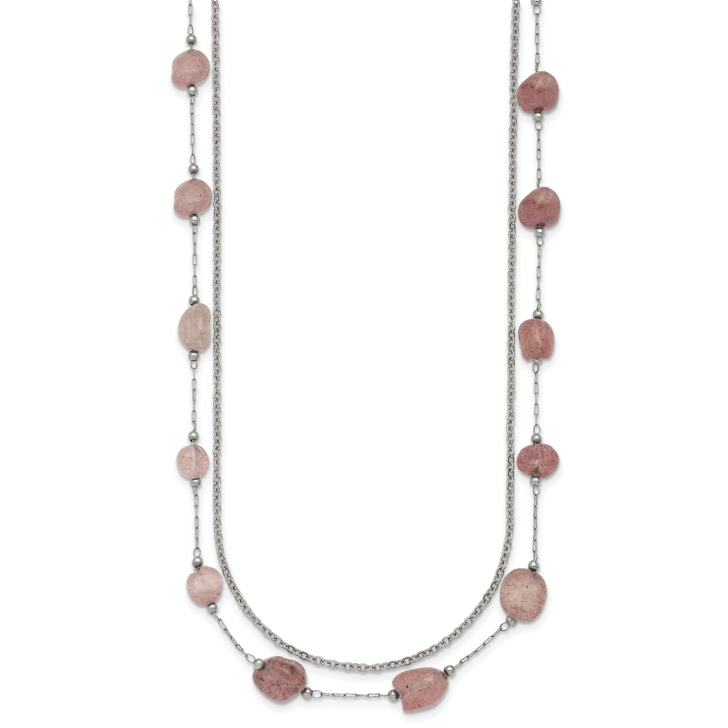 Polished Pink Other Quartz Stainless Steel Cable Chain Necklace