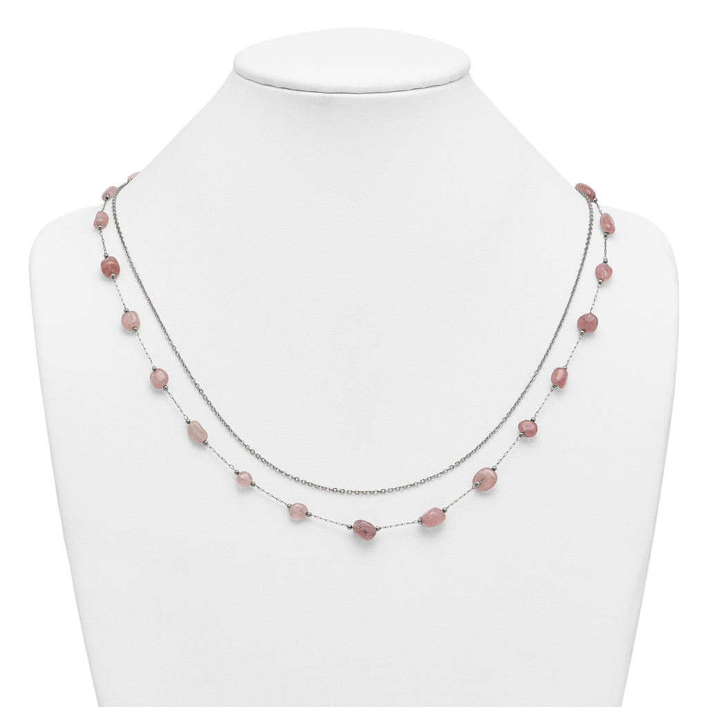 Polished Pink Other Quartz Stainless Steel Cable Chain Necklace