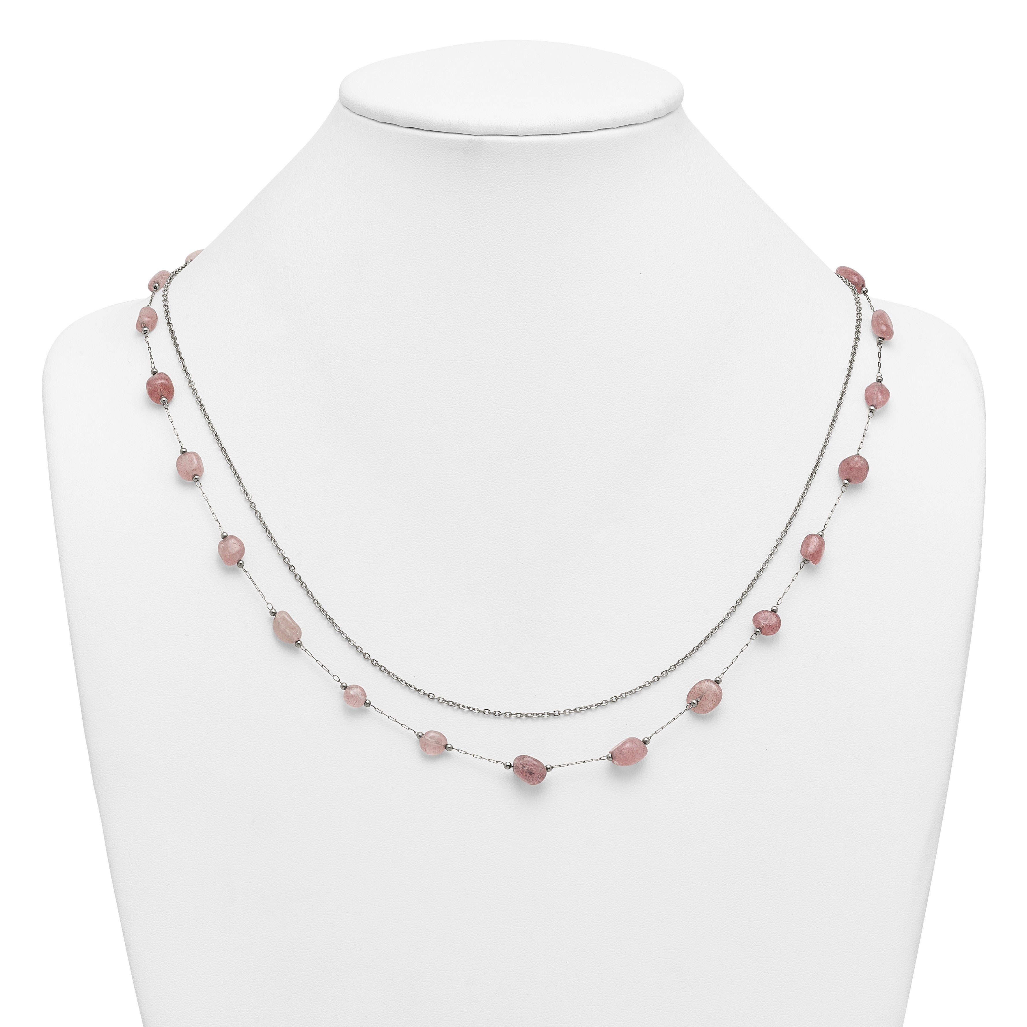Polished Pink Other Quartz Stainless Steel Cable Chain Necklace