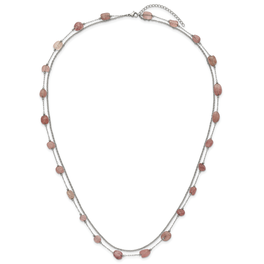 Polished Pink Other Quartz Stainless Steel Cable Chain Necklace