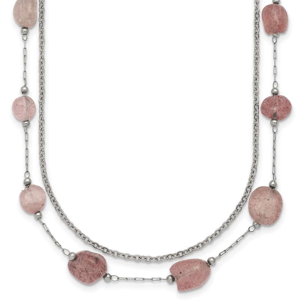 Polished Pink Other Quartz Stainless Steel Cable Chain Necklace