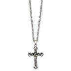 Antiqued Budded Crucifix Stainless Steel Necklace