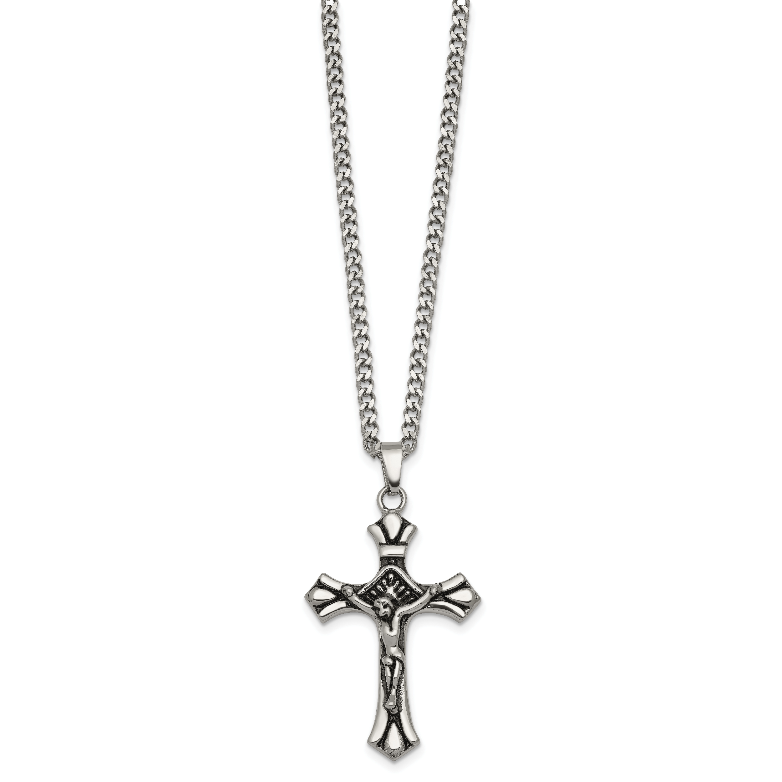 Antiqued Budded Crucifix Stainless Steel Necklace