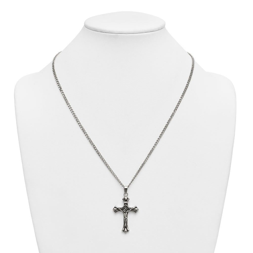 Antiqued Budded Crucifix Stainless Steel Necklace