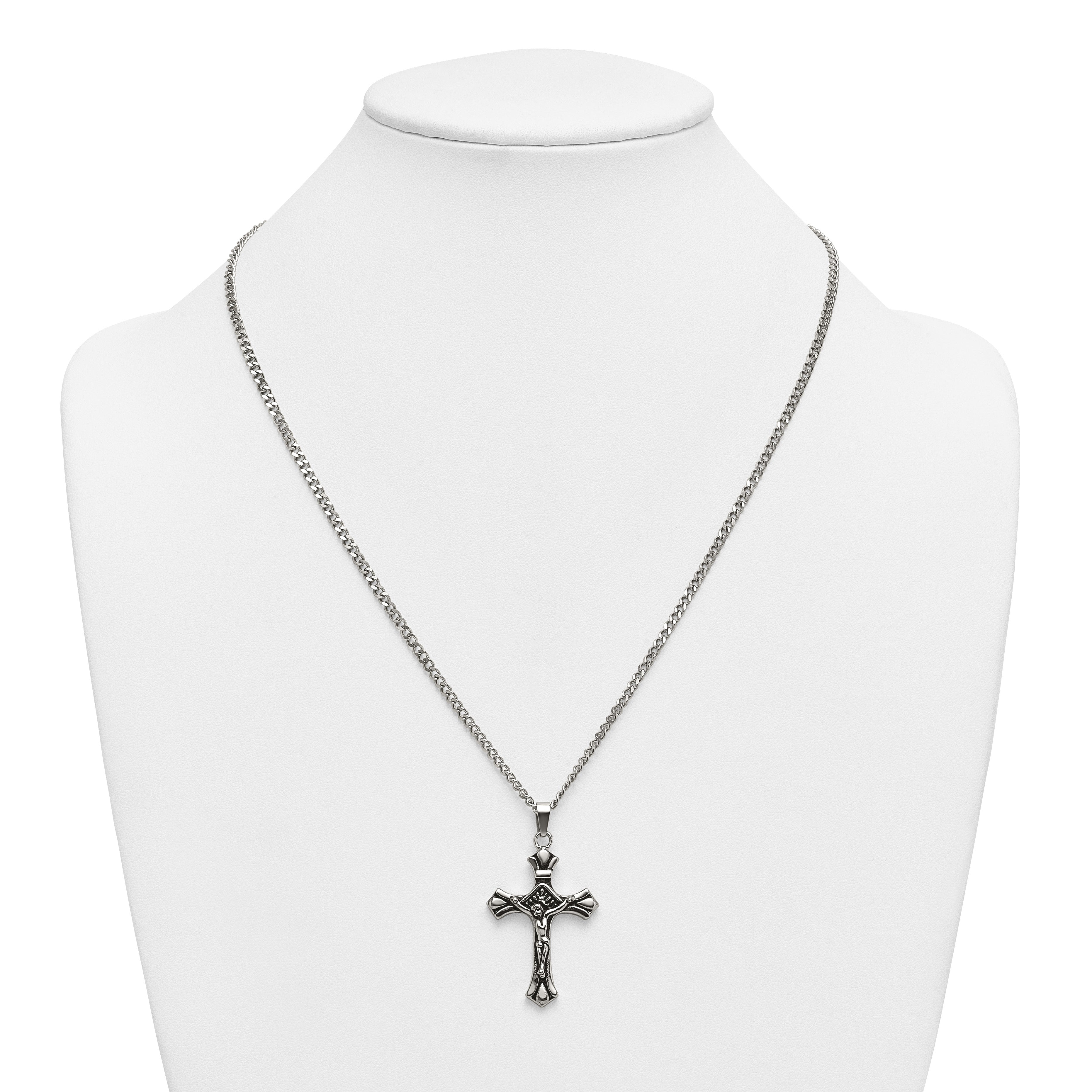 Antiqued Budded Crucifix Stainless Steel Necklace