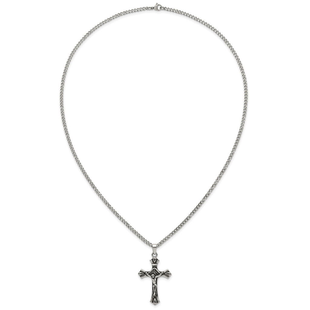 Antiqued Budded Crucifix Stainless Steel Necklace