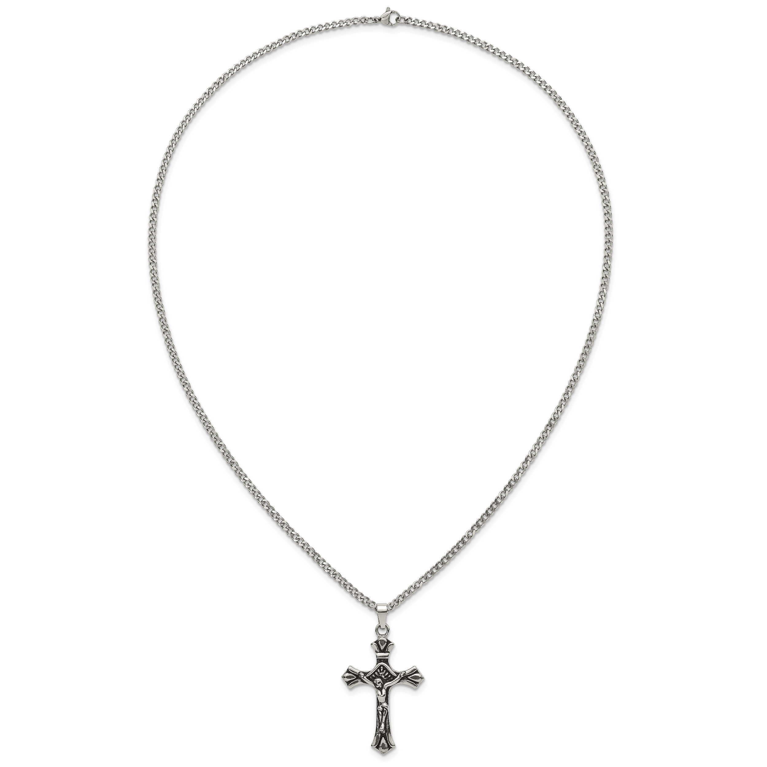 Antiqued Budded Crucifix Stainless Steel Necklace