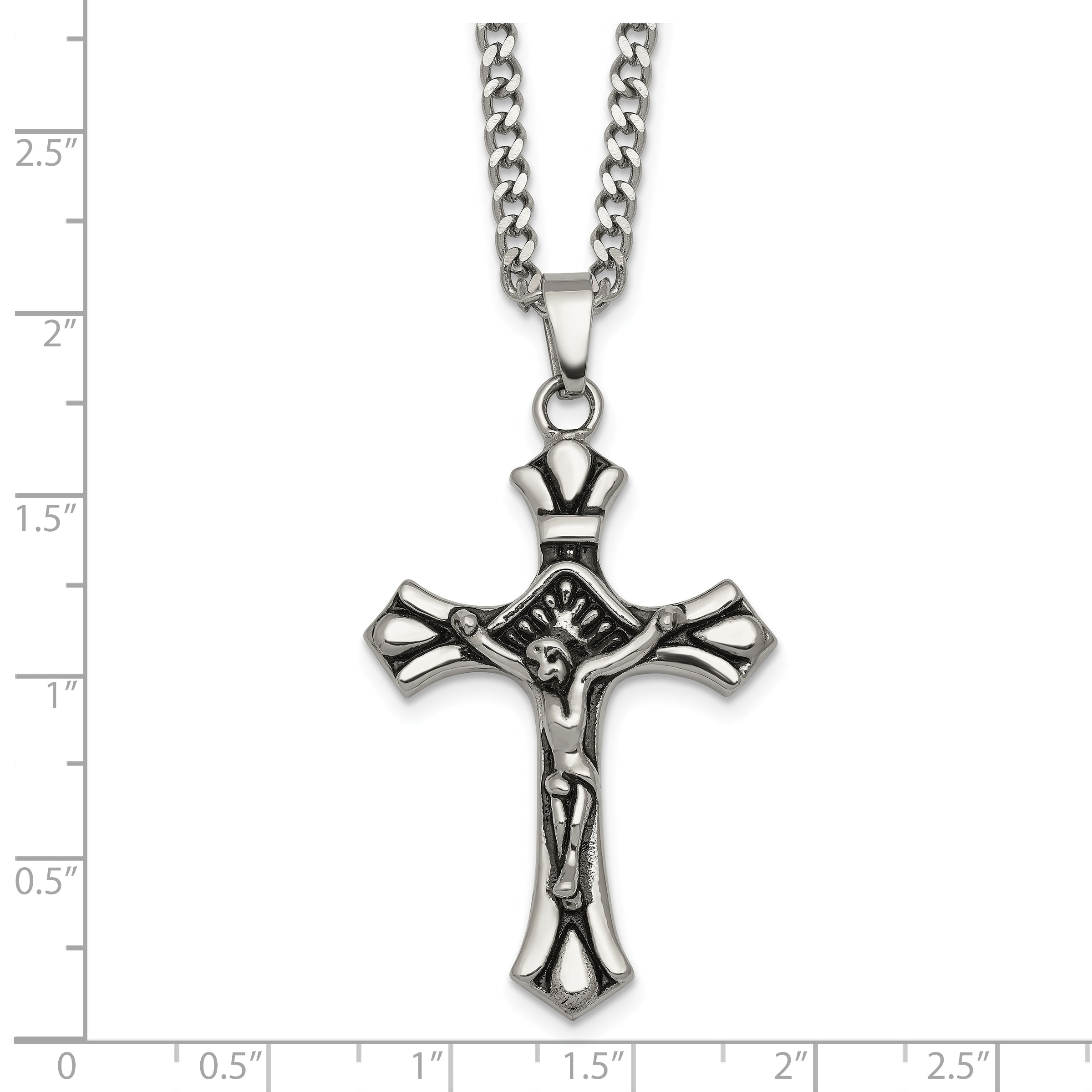 Antiqued Budded Crucifix Stainless Steel Necklace