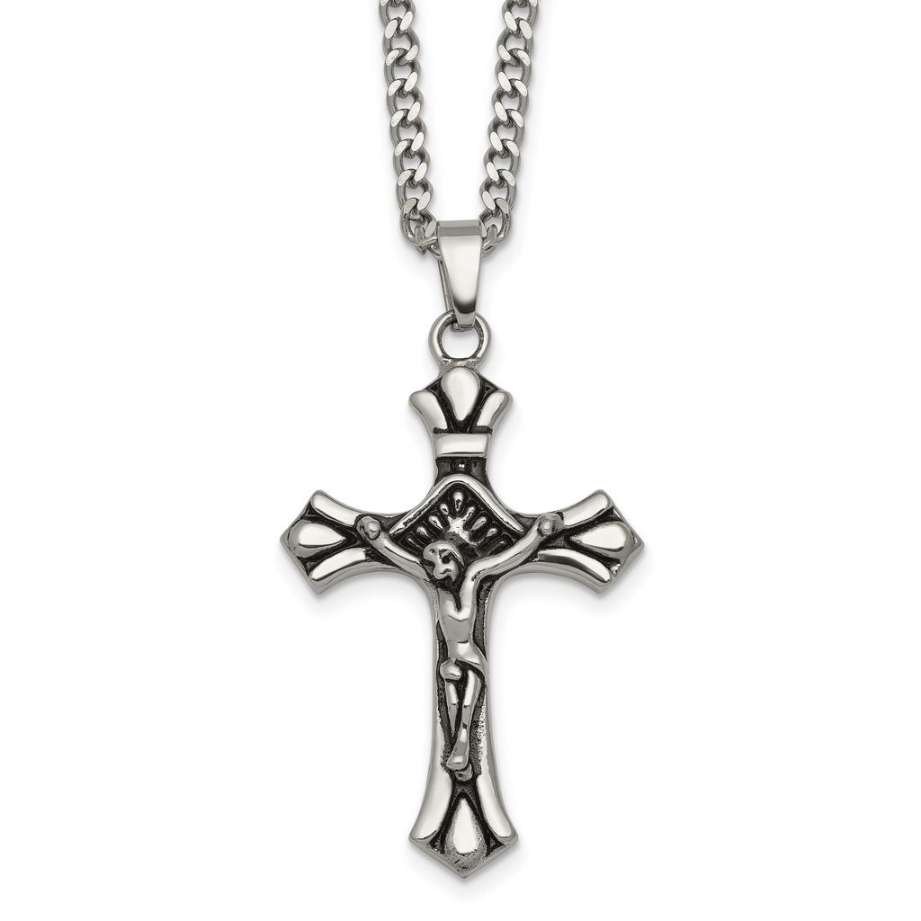 Antiqued Budded Crucifix Stainless Steel Necklace