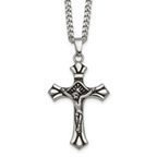 Antiqued Budded Crucifix Stainless Steel Necklace