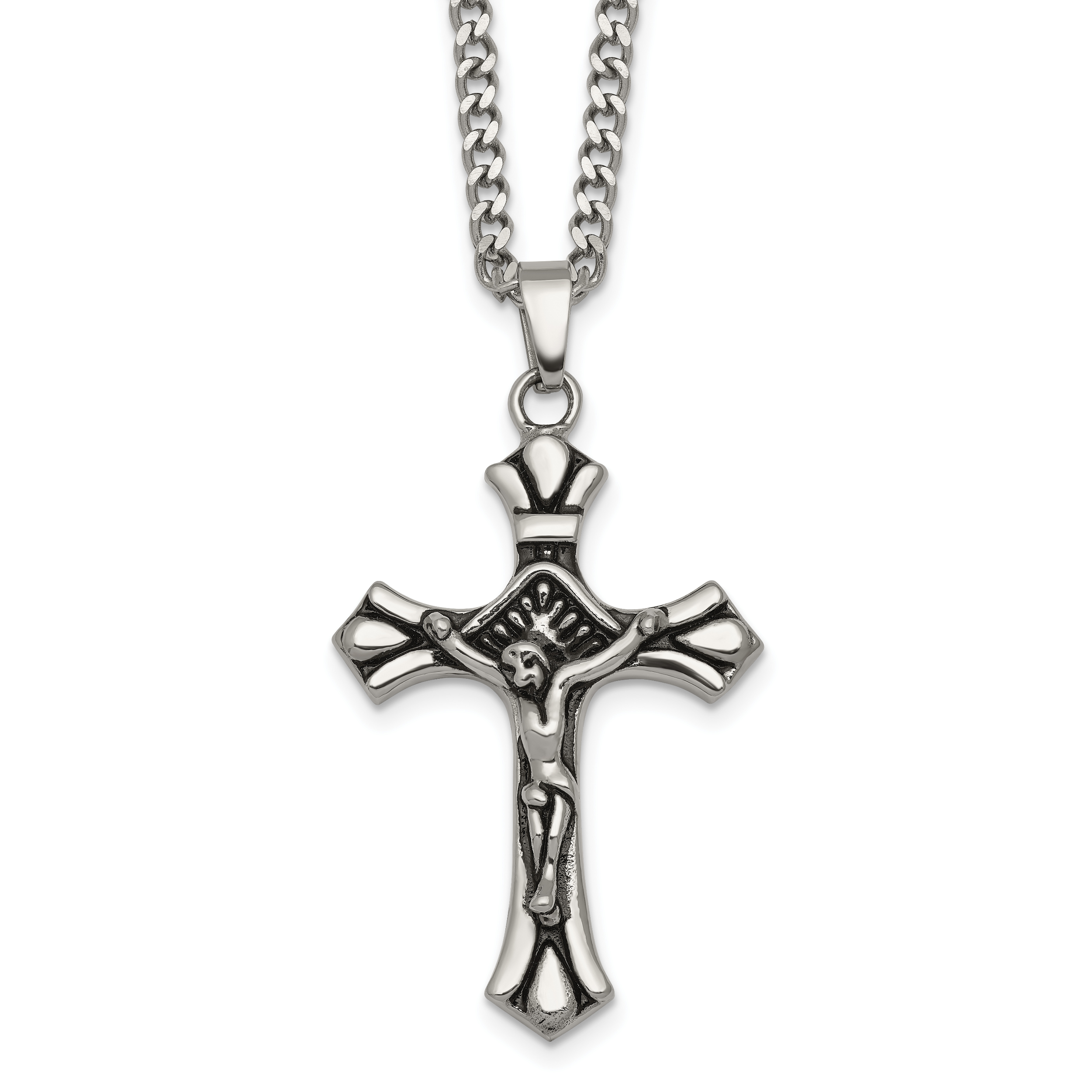 Antiqued Budded Crucifix Stainless Steel Necklace