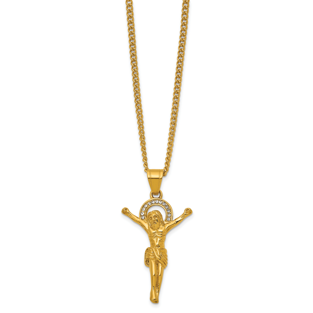 Gold-Tone Polished Crystal Crucifix Stainless Steel Necklace 3mm