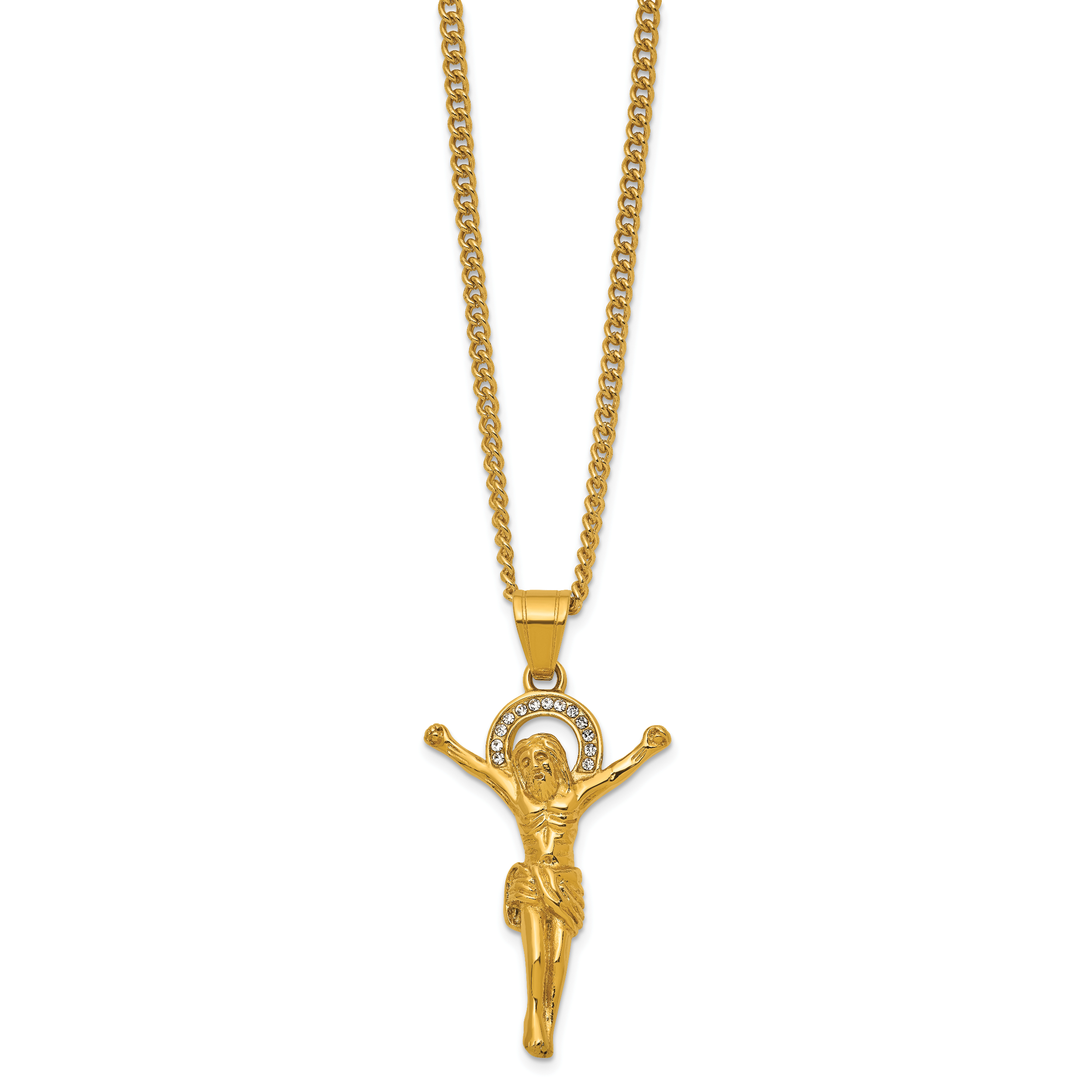 Gold-Tone Polished Crystal Crucifix Stainless Steel Necklace 3mm