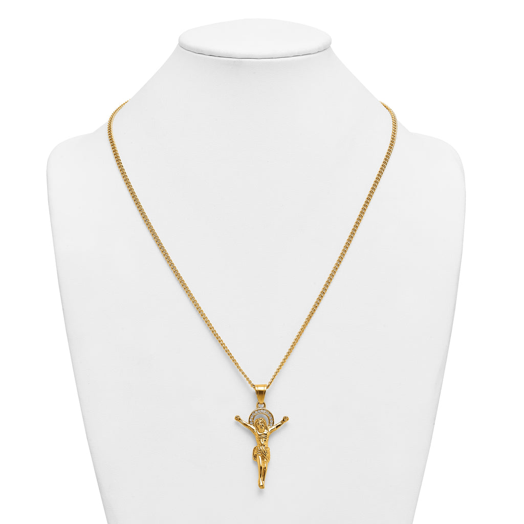 Gold-Tone Polished Crystal Crucifix Stainless Steel Necklace 3mm