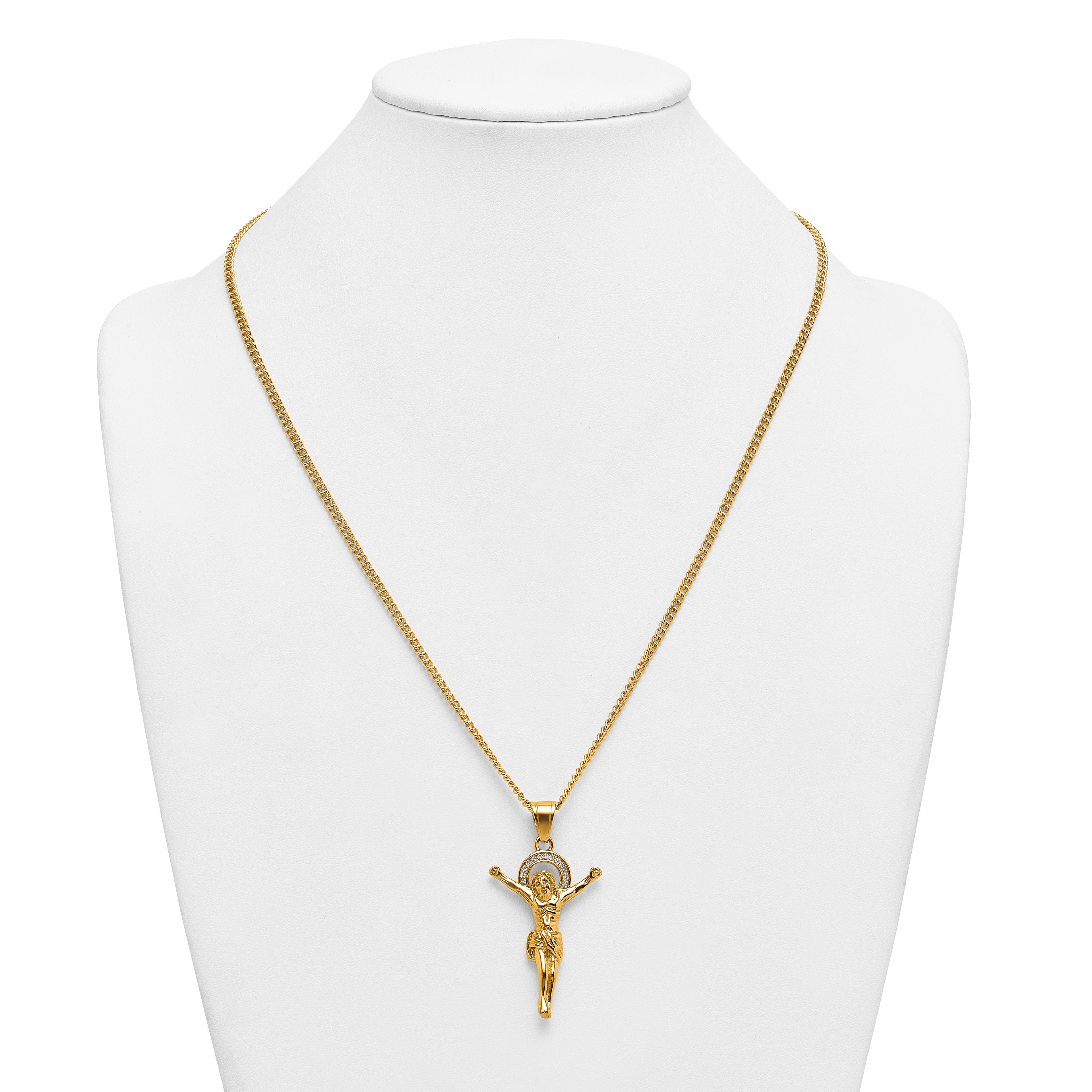 Gold-Tone Polished Crystal Crucifix Stainless Steel Necklace 3mm