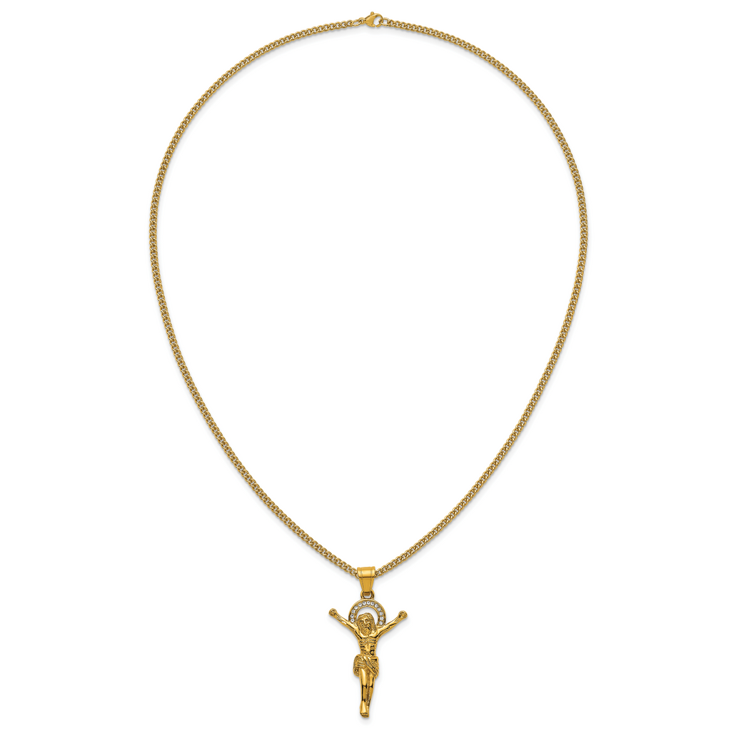 Gold-Tone Polished Crystal Crucifix Stainless Steel Necklace 3mm