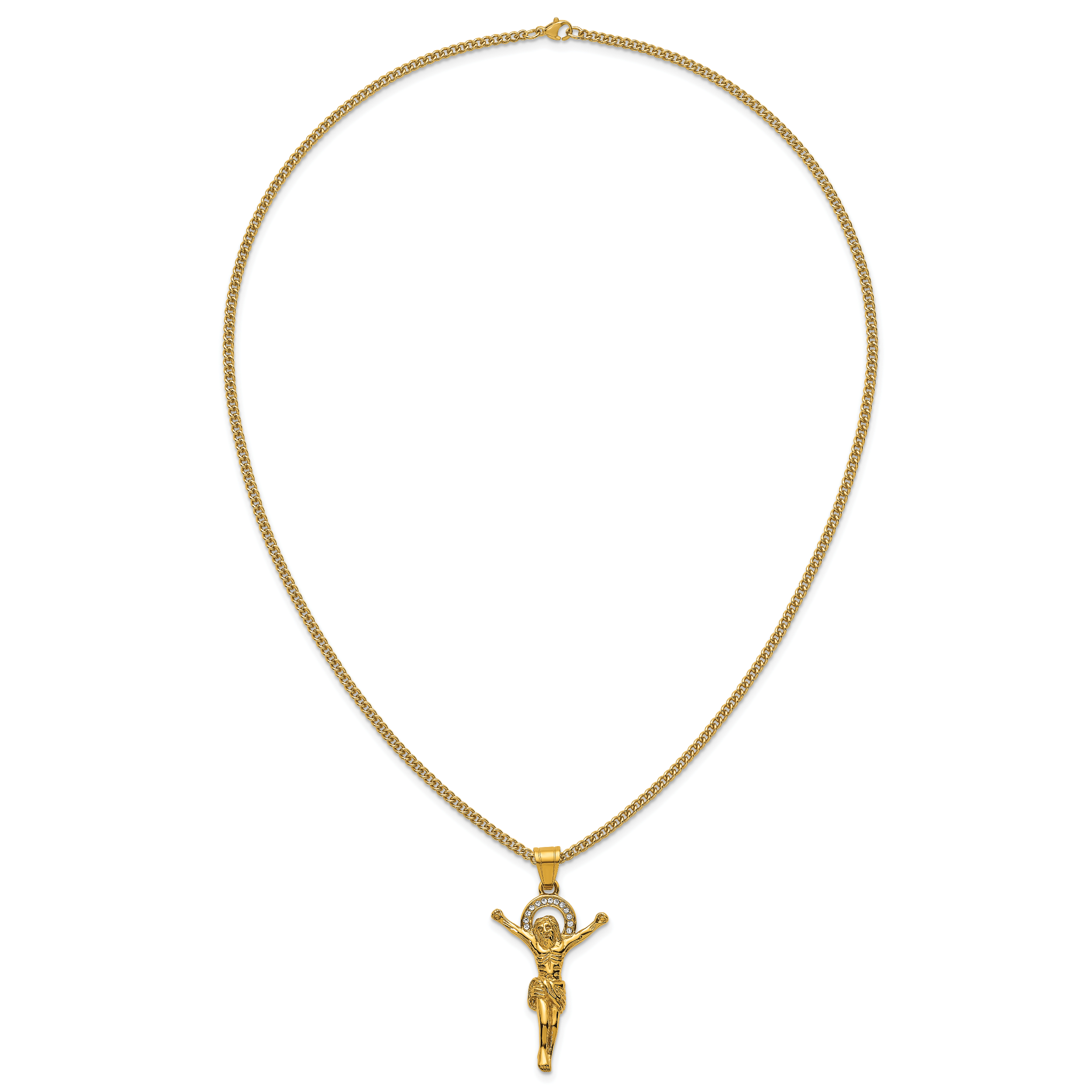 Gold-Tone Polished Crystal Crucifix Stainless Steel Necklace 3mm